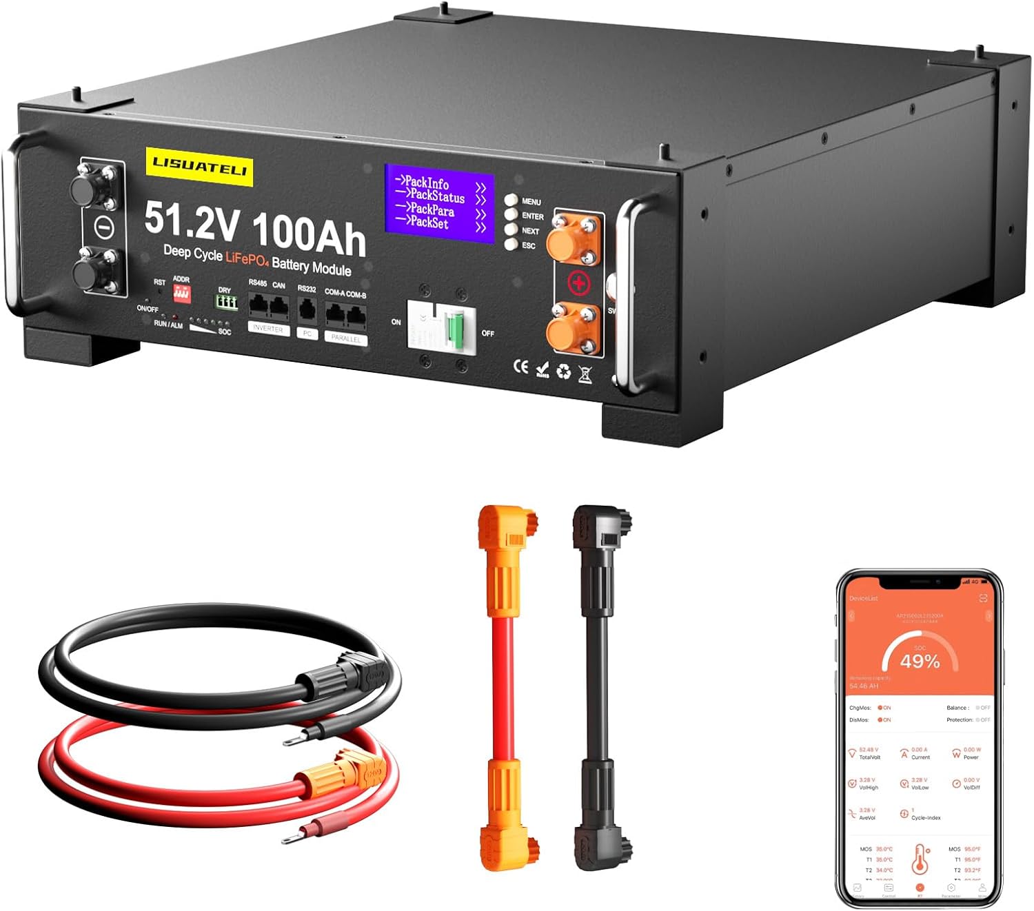 48V 100Ah LiFePO4 Lithium Batterie mit 100A BMS, 5.12KWh 48V Lithiumbatterie Serverschrank Solarbatterie für Solaranlage Komplettset, Photovoltaikanlage,Wohnmobil, Energiespeicher