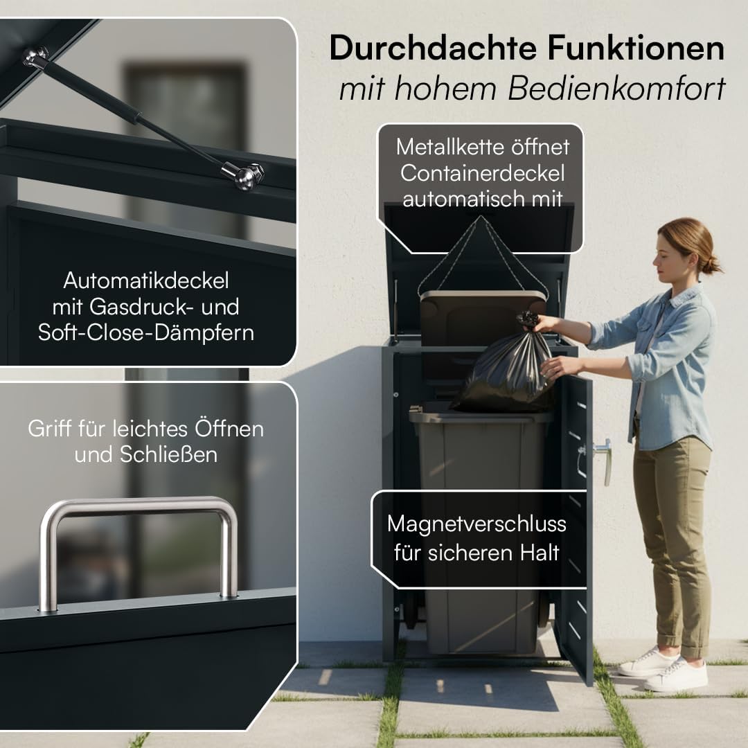 STEELSØN Diorus Mülltonnenbox 1er bis 240L abschließbar – Hochwertige Mülltonnenverkleidung 1 Tonne aus Stahl – Müllbox Müllcontainer Anthrazit - Mülltonnen Box wetterfest – Gerätebox mit Schloss