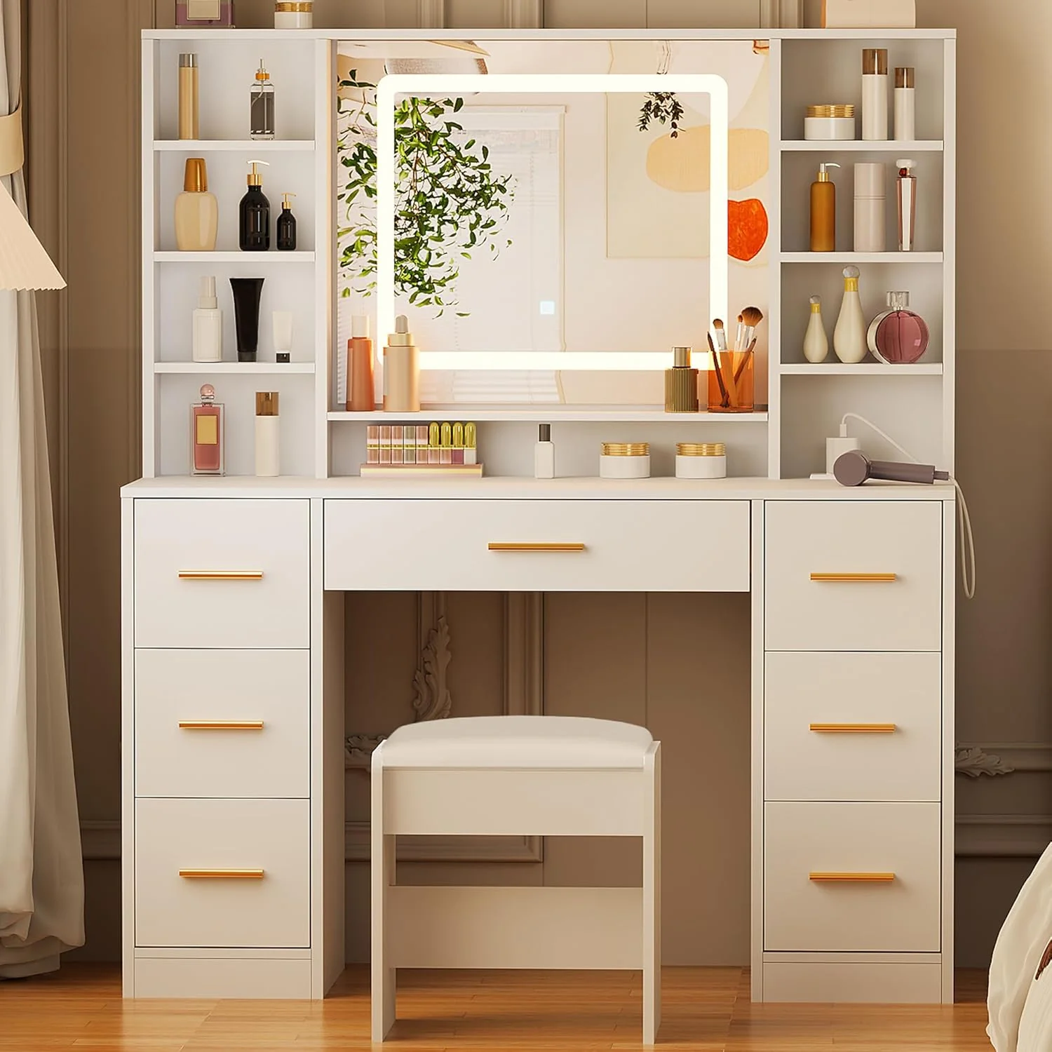 ANWBROAD Vanity Desk Table with Lighted Mirror 39.4 Girls Makeup Vanity