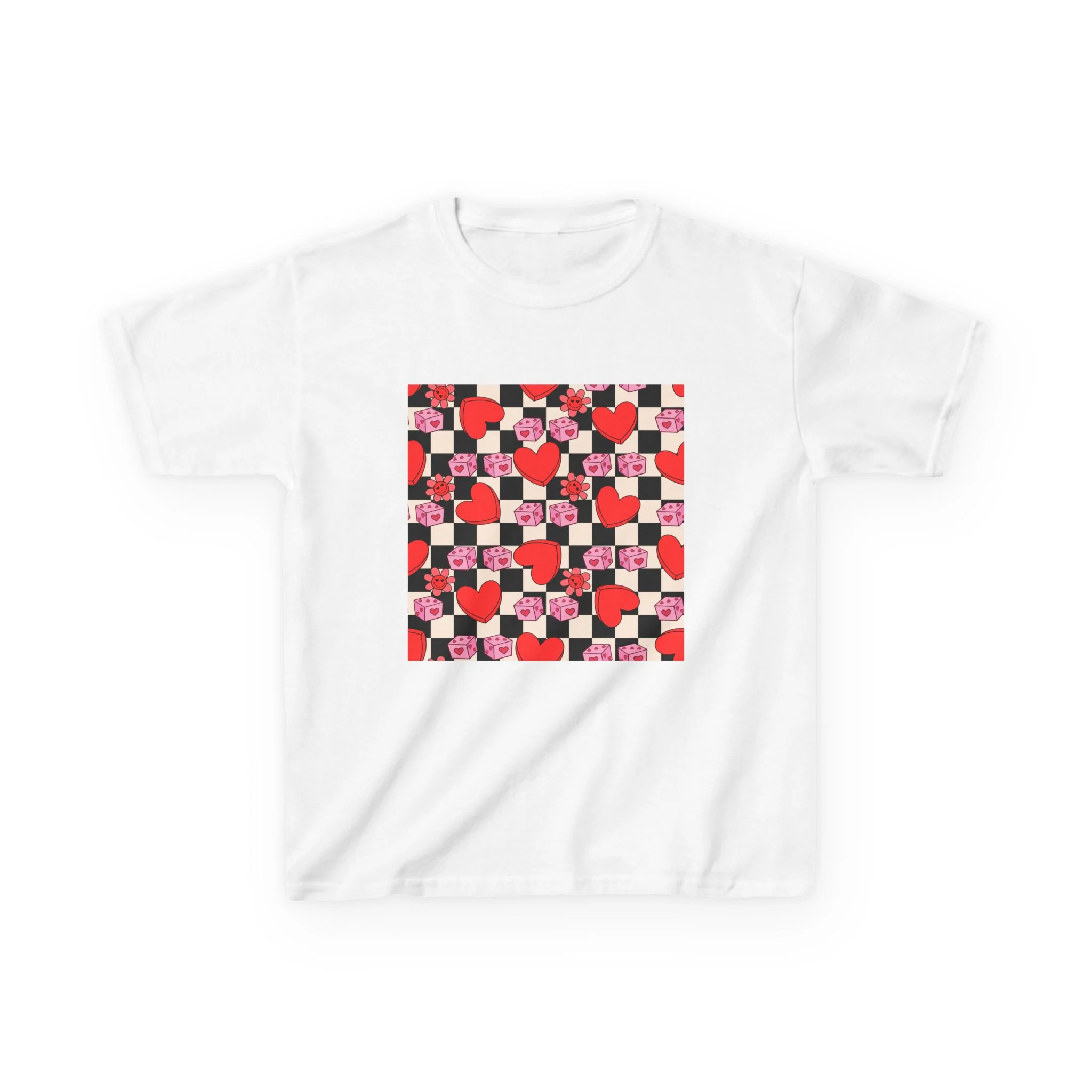 Checkerboard Hearts Kids Tee | Red Pink Black Heart Pattern
