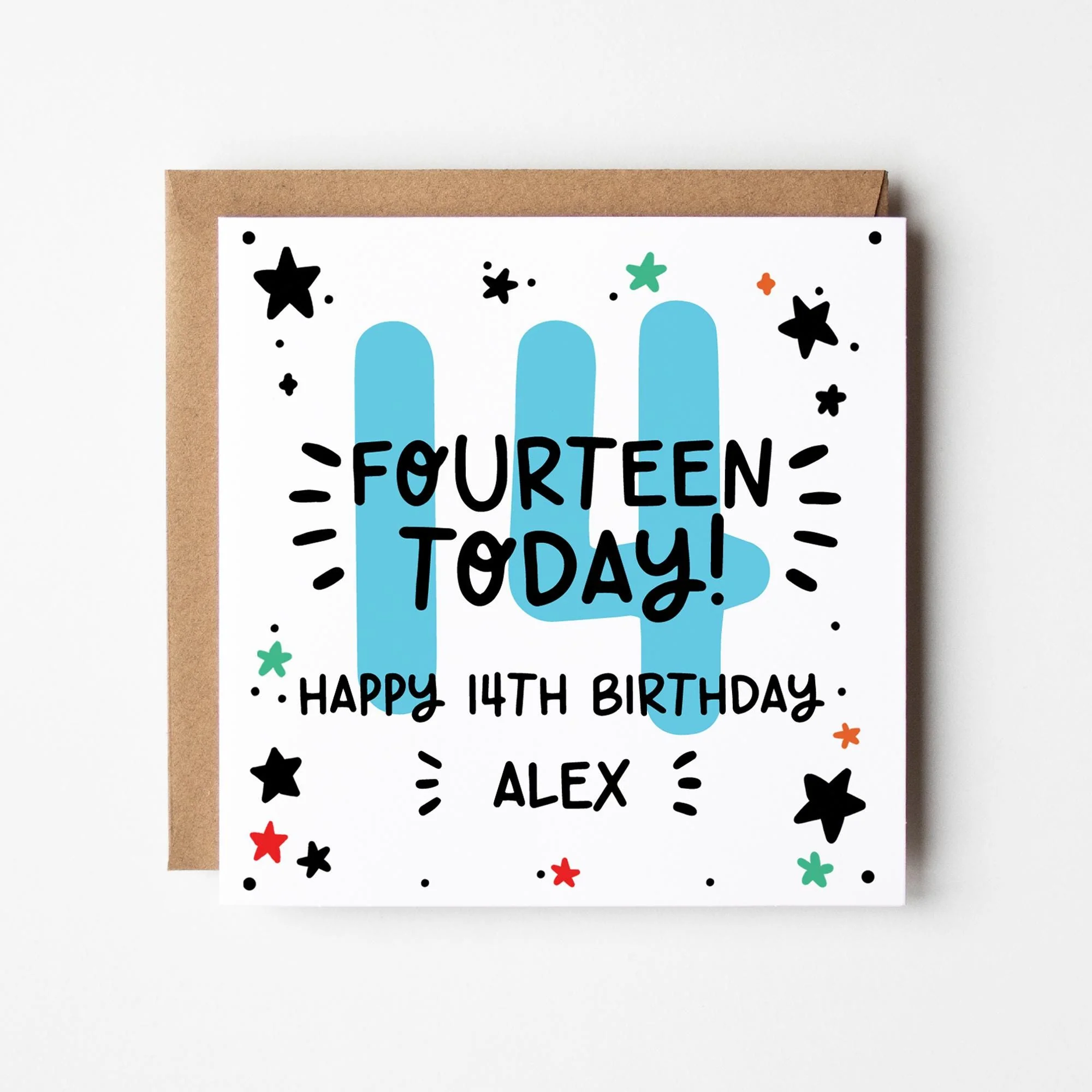 Personalised Birthday Card, 11th to 15th Birthday Number Card with Kraft Envelope