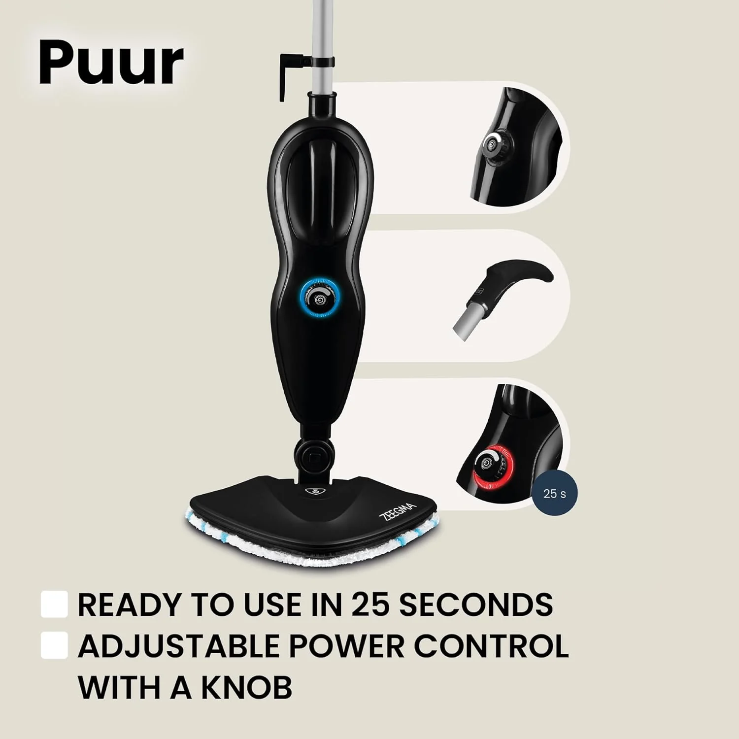 Zeegma PUUR Pulitore a Vapore, Pulizia Senza Prodotti Chimici, Pronto all'Uso in 25 Secondi, 7 Accessori Diversi, 2 Filtri per l'Acqua, Lunghezza Cavo 5m, Potenza 1500 W