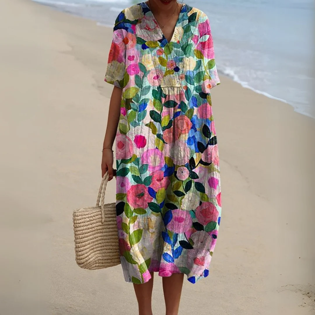 Womena??s Multicolor V-Neck Dress Lightweight Summer Style
