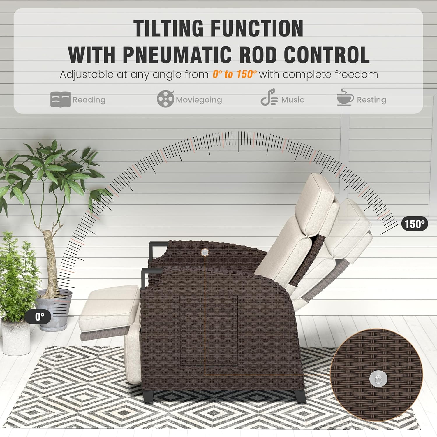 Amopatio Relaxliege Liegesessel, Rattan Sonnenliege mit Verstellbar Rückenlehne und Klapptisch, Outdoor Gartensessel wetterfestes, für Terrasse, Garten, Balkon – Beige & Braun