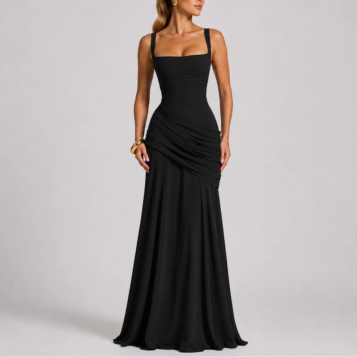 Womena??s Maxi Evening Dress with Ruched Waist and Square Neckline