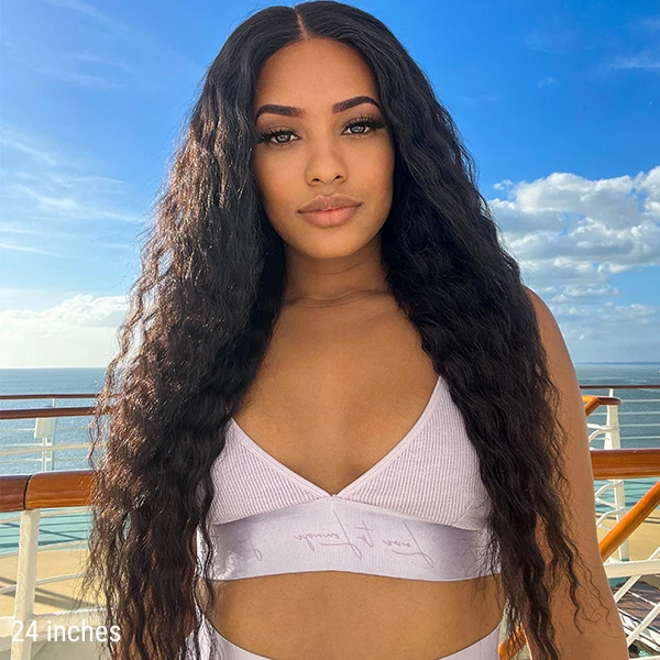 Flowy Bohemian Water wave 8x5 Closure Lace Glueless Mid Part Long Wig 100% Human Hair