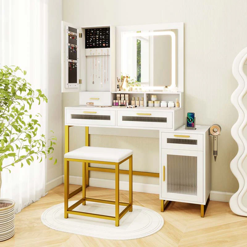 Modern Makeup Vanity Desk with Mirror and Lights, Charging Station, Jewelry Organizer, Side Cabinet, 44