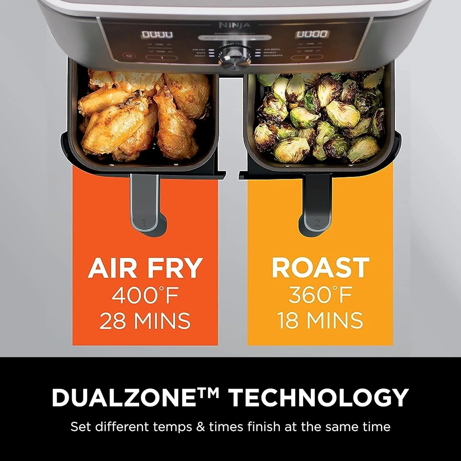 Ninja Foodi 10QT 6-in-1 DualZone Smart XL Air Fryer, 2 Independent 5QT Baskets, Smart Cook Thermometer, Match Cook, Smart Finish, Air Fry, Roast, Bake, Dehydrate, Reheat, Grey, DZ550