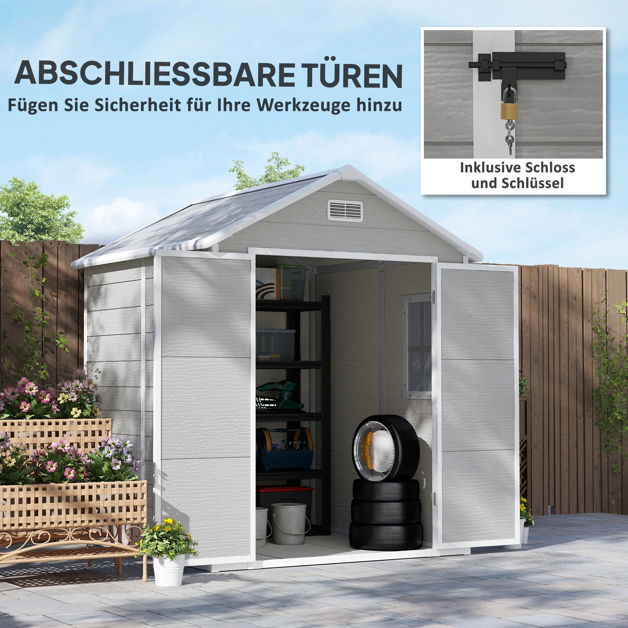 Outsunny Tuinschuur, Gereedschapsschuur met Bodem, Afsluitbare Deuren, Ventilatieopeningen, Venster, Houtlook, Kunststof, Grijs