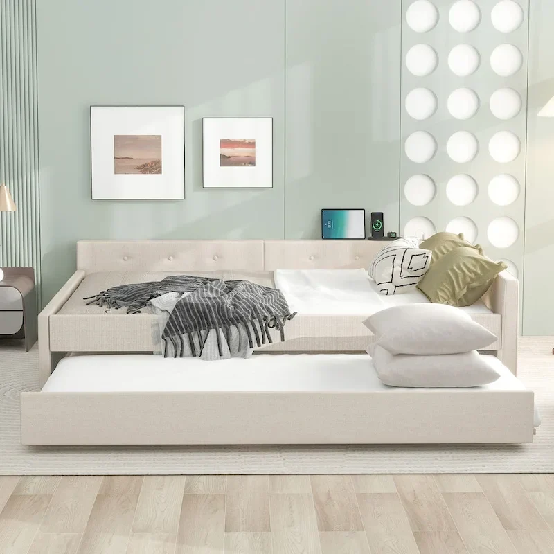 Queen Upholstered Platform Bed with USB and Trundle