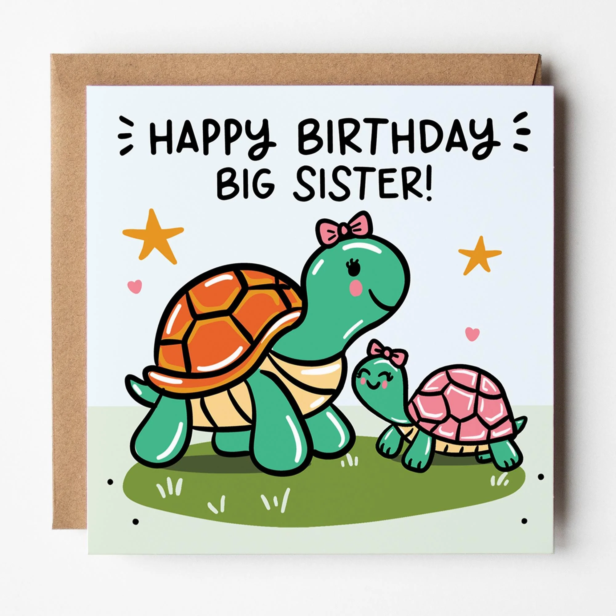 Big Sister Birthday Card: from Little Sister, Cute Turtles, with Kraft Envelope