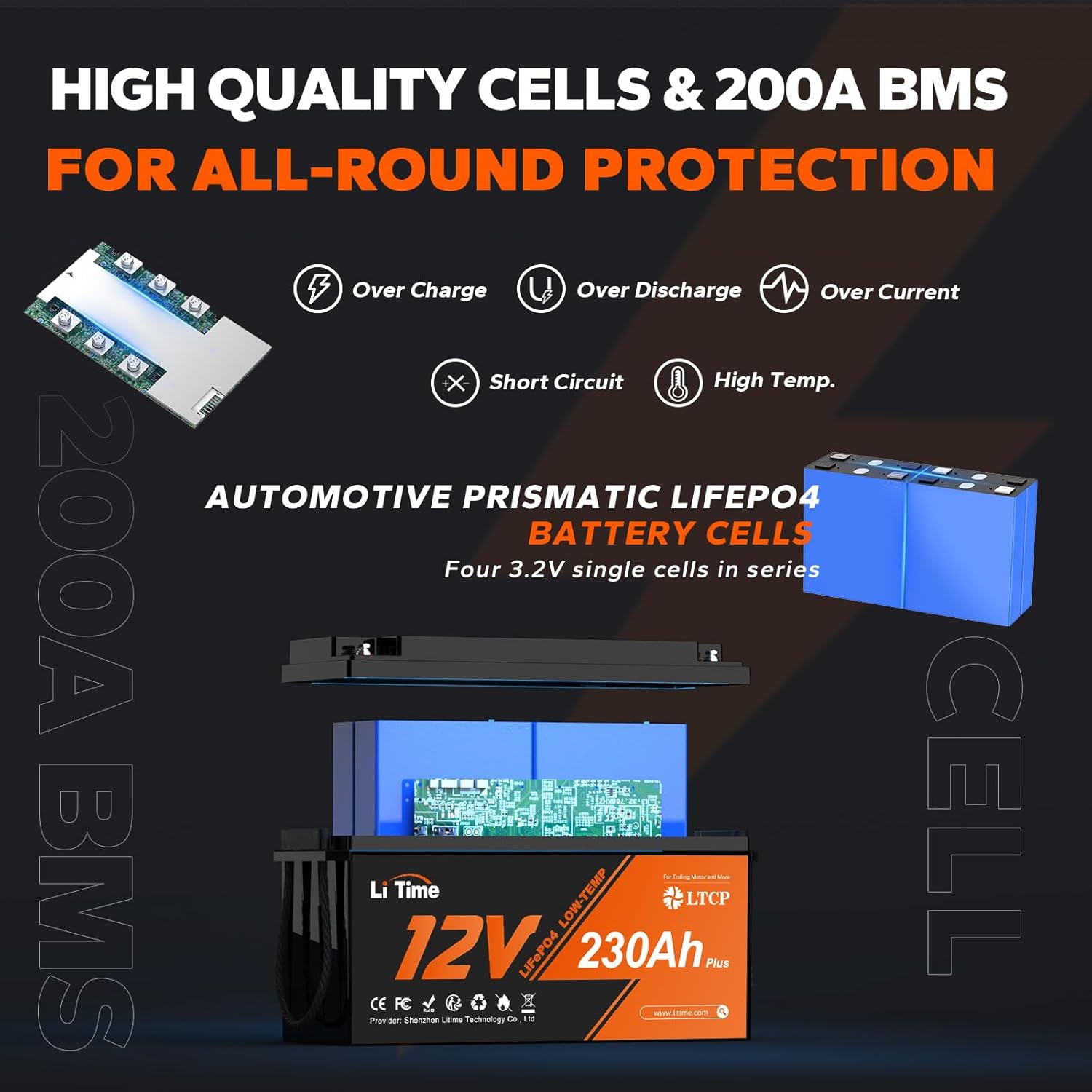 Litime 12V 230Ah Plus LiFePO4 Batterie Low-Temp-Schutz Eingebautes 200A BMS, Max 2944Wh Energie, Lithium-Eisenphosphat Batterie Perfekt für Womo, Camping, Solaranlage, Boot, Hausenergiespeicher