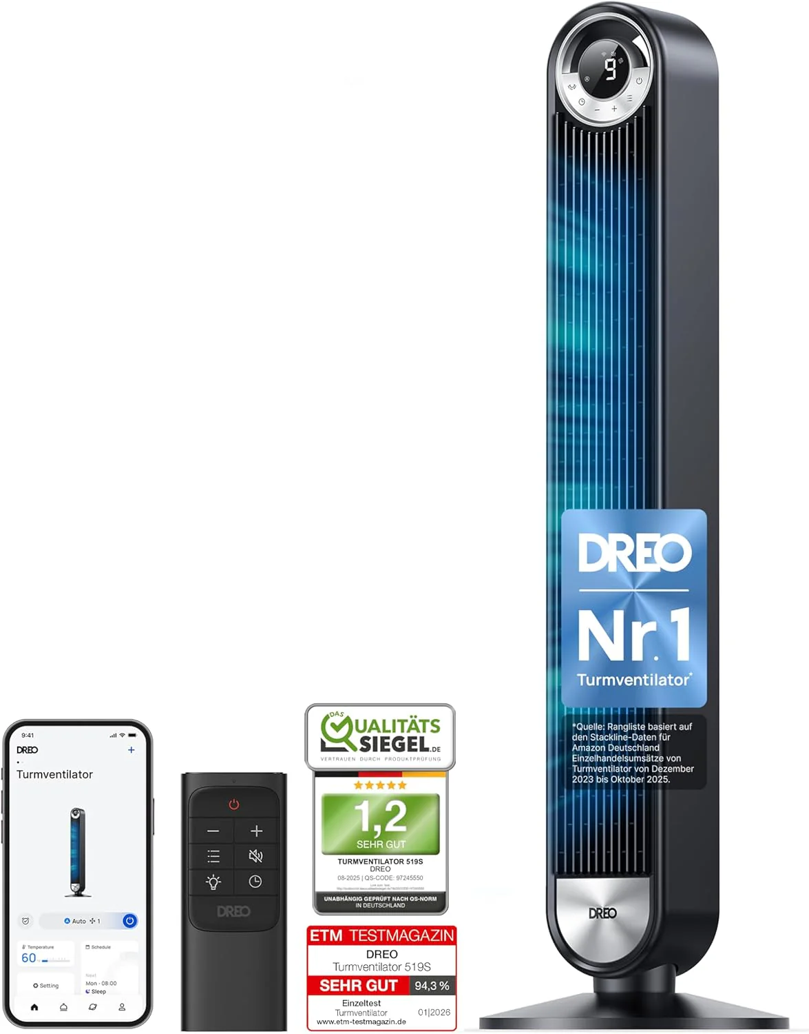 DREO 25 dB Csendes intelligens toronyventilátor, 106 cm magas, 4 üzemmód, 9 sebesség, max. 7,9 m/s, 12 órás időzítő, 90°-os oszcilláló ventilátor távirányítóval, hangvezérlésű hűtés, Cruiser Pro T2S, fekete