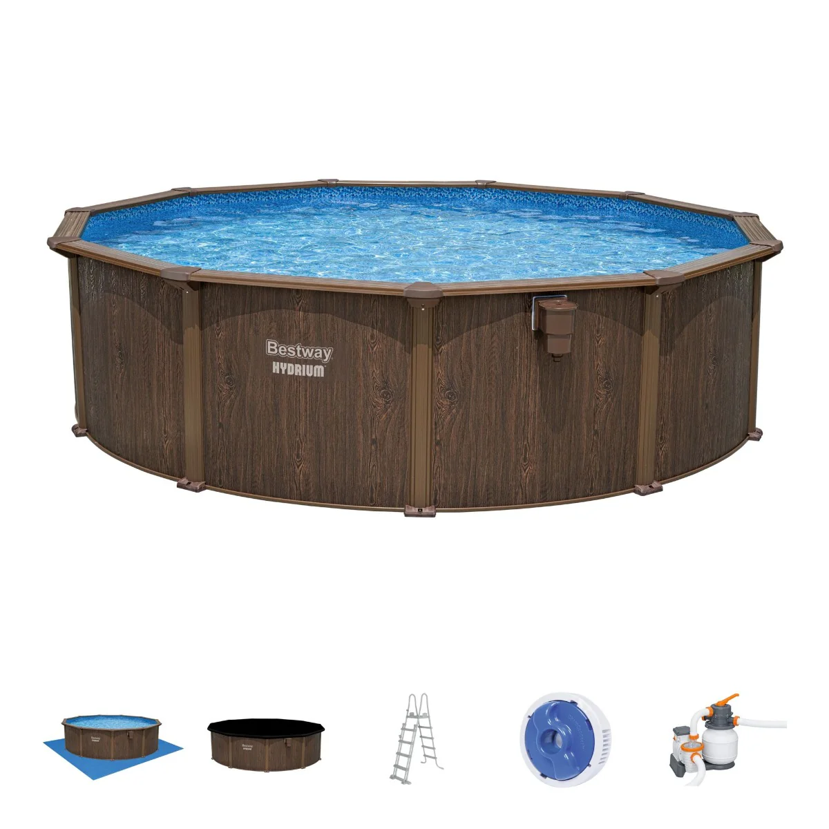 2025 Set di piscina in acciaio Hydrium rotondo con finitura in legno, 16 piedi x 52 pollici, per piscina gonfiabile