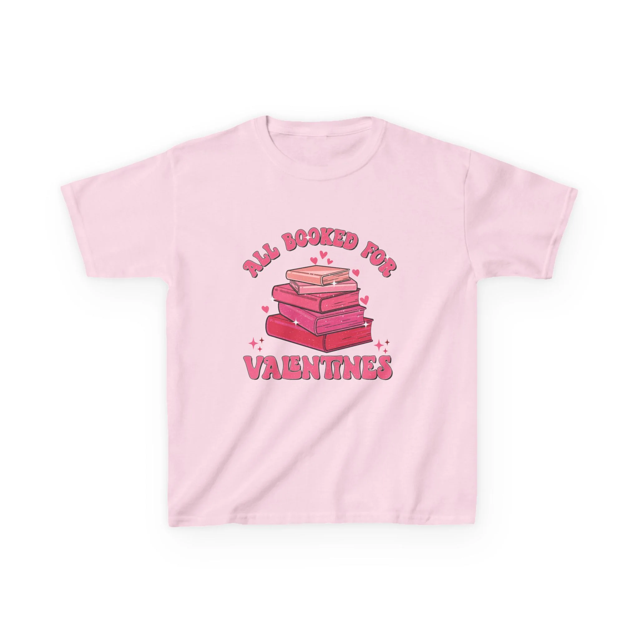 All Booked Up Valentines Kids Tee | Stack of Books, Pink Hearts