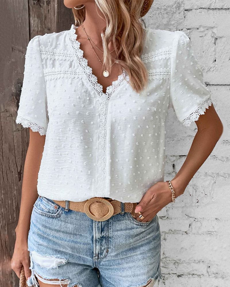Women��s Bohemian V-Neck Blouse with Lace Trim and Swiss Dot Texture