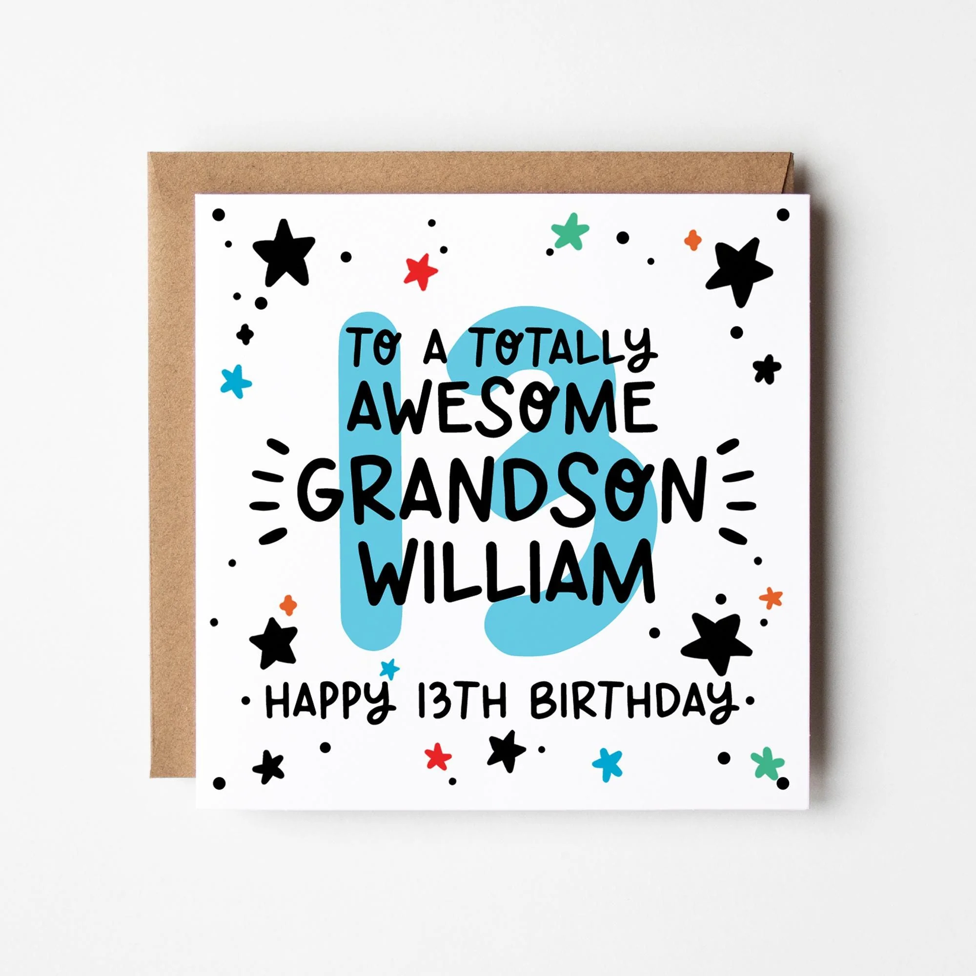 13th Birthday Card for Grandson: Personalised with Kraft envelope