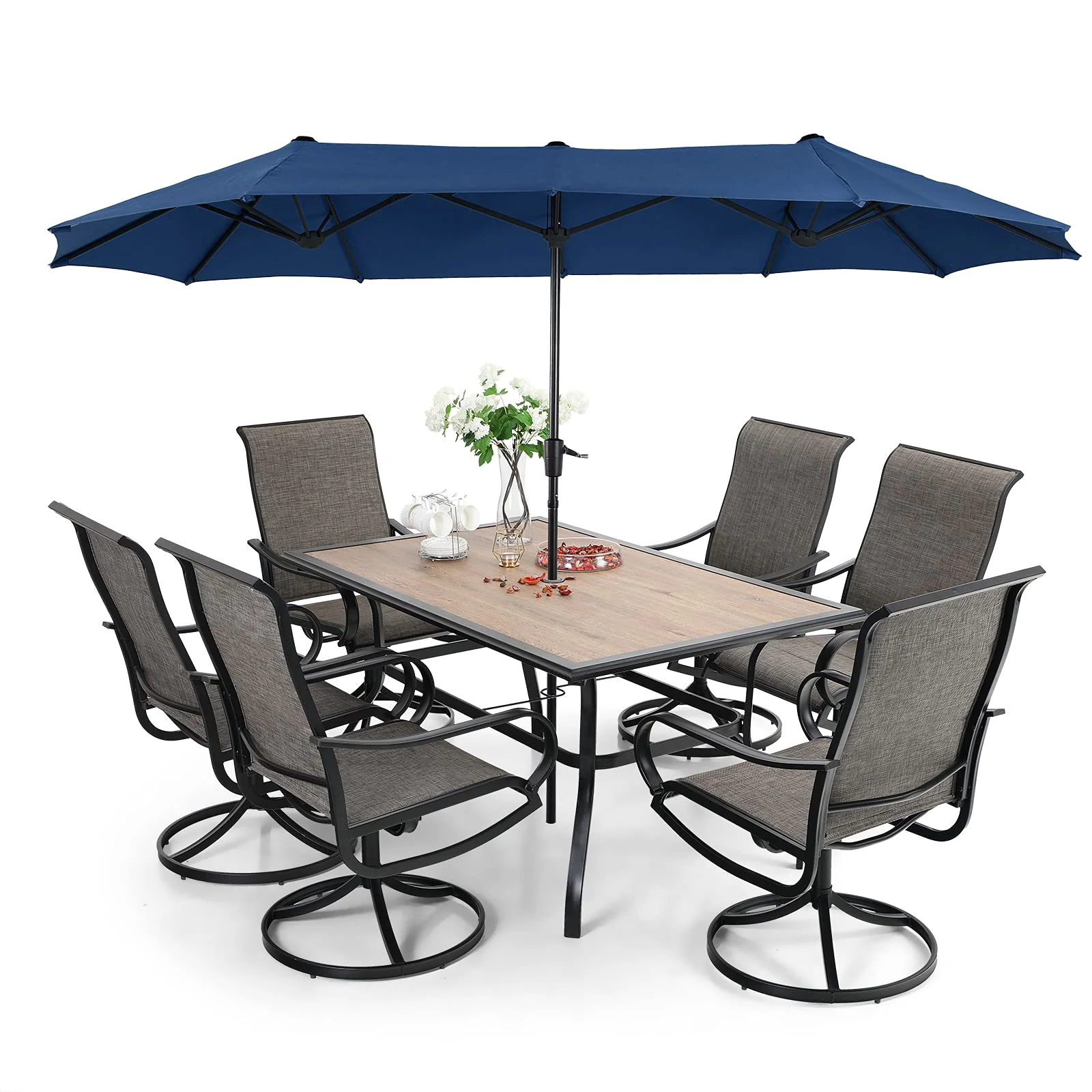 Set da pranzo da patio 8 pezzi con ombrellone, mobili da esterno composto da 6 sedie sling girevoli.