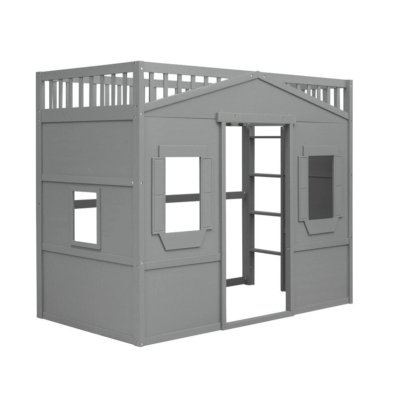 House Loft Bed Twin Kids Playhouse Bed, Solid Wood Loft Bed Frame with Window and Ladder