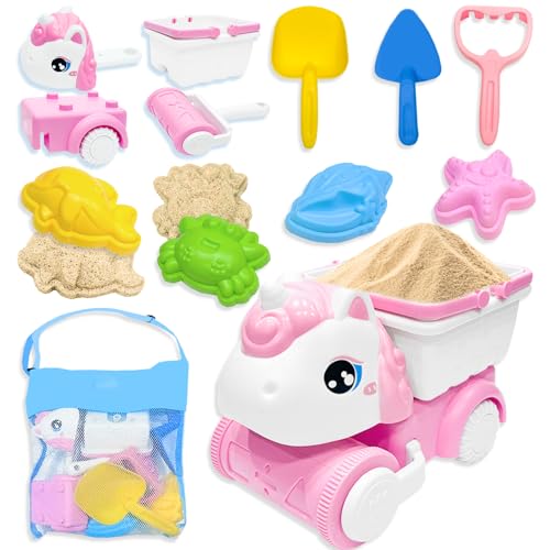 VBACALA Giochi di Giocattoli Spiaggia per Bambini da 3 Anni in su, 11Pezzi Giocattoli di Sabbia con 4 in 1 Passeggino da Spiaggia Rimovibile Unicorno, Borsa a Rete, Pala e Animali Marini Stampi : Giochi e giocattoli