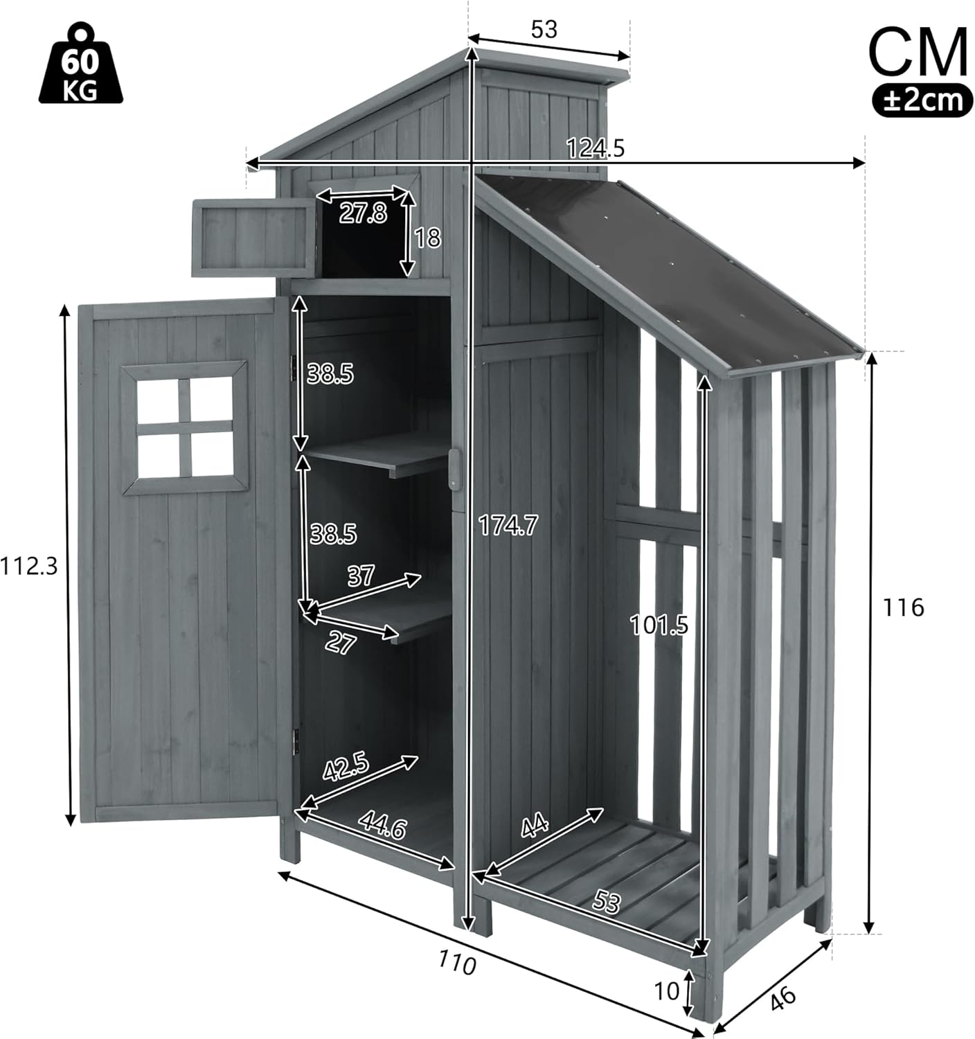 Su & Chan Legence Holzgerätehaus mit großem Stauraum, wetterfester Geräteschuppen mit Zwei Ablagen, vielseitiger Gartenschrank für Werkzeuge und mehr, 124 x 46 x 174 cm, Grau