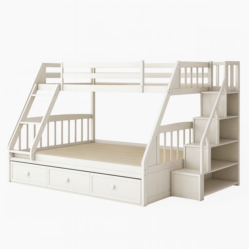 Lit superposé en bois avec escalier et rangement blanc