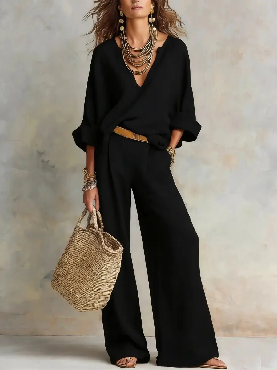 Women��s Two-Piece Pants Set Relaxed V-Neck Wide Leg Style