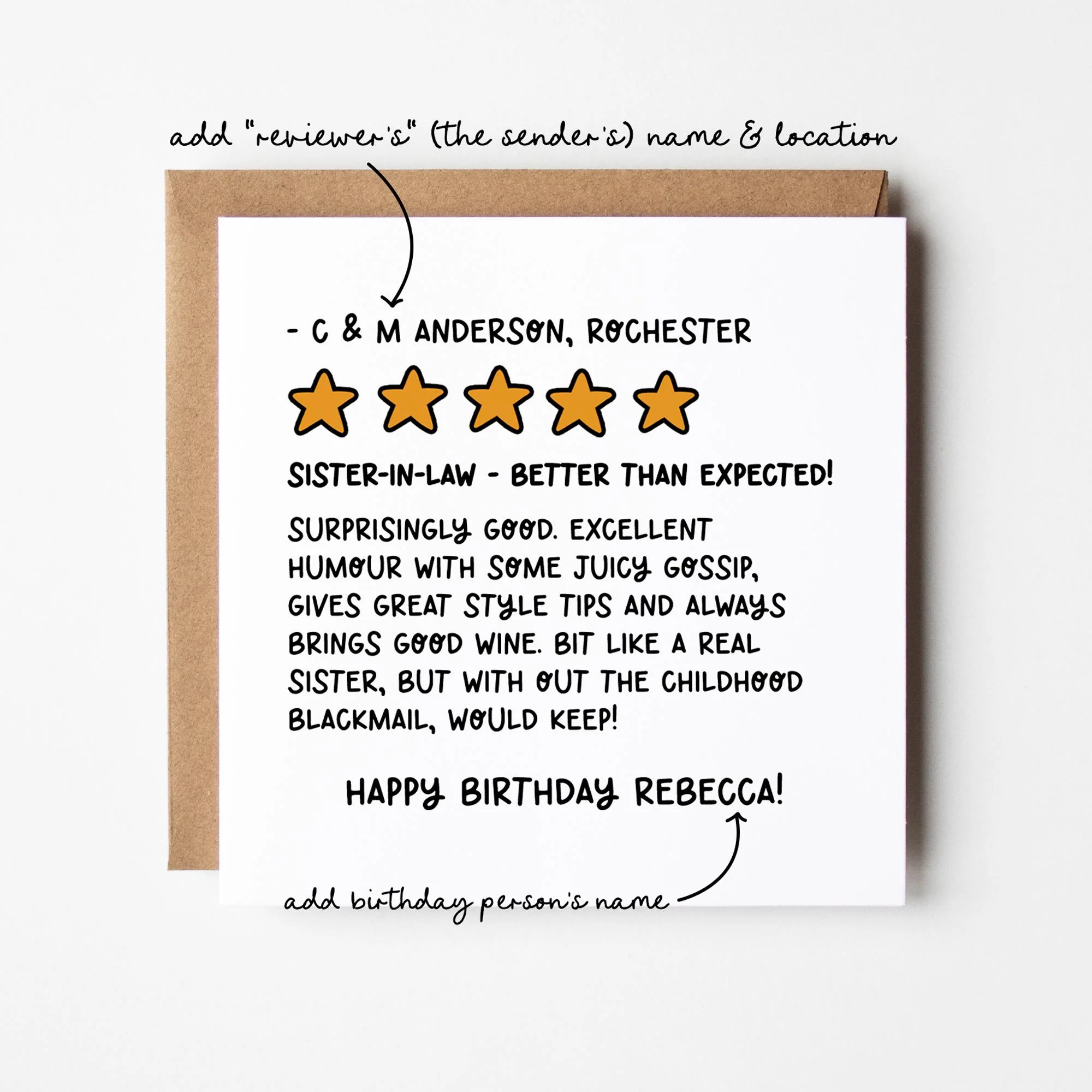 Funny Sister-in-Law Birthday Card: Review Style - Personalised