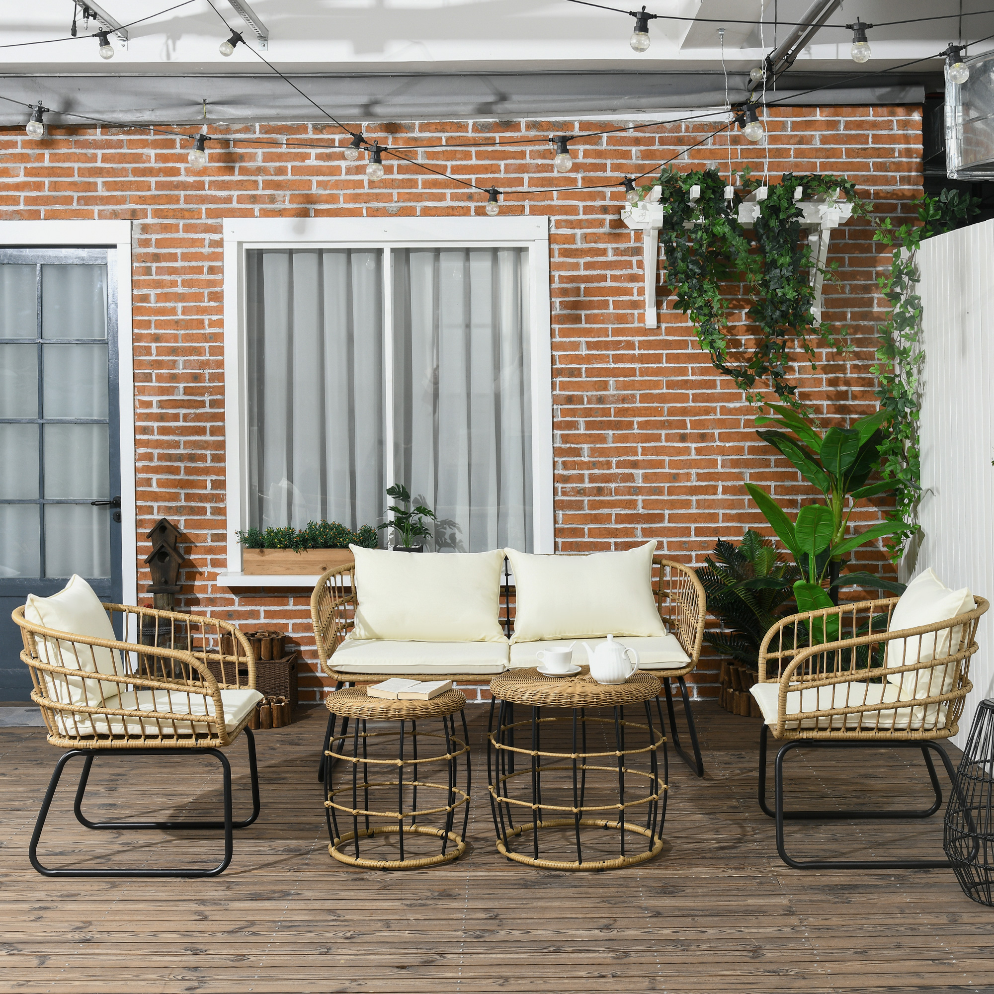 Outsunny Lounge-Set Rattan Zitgroep, Buitenmeubelset in Boho-stijl, 5-delig, 145 x 70 x 78 cm, Crème + Natuur + Zwart
