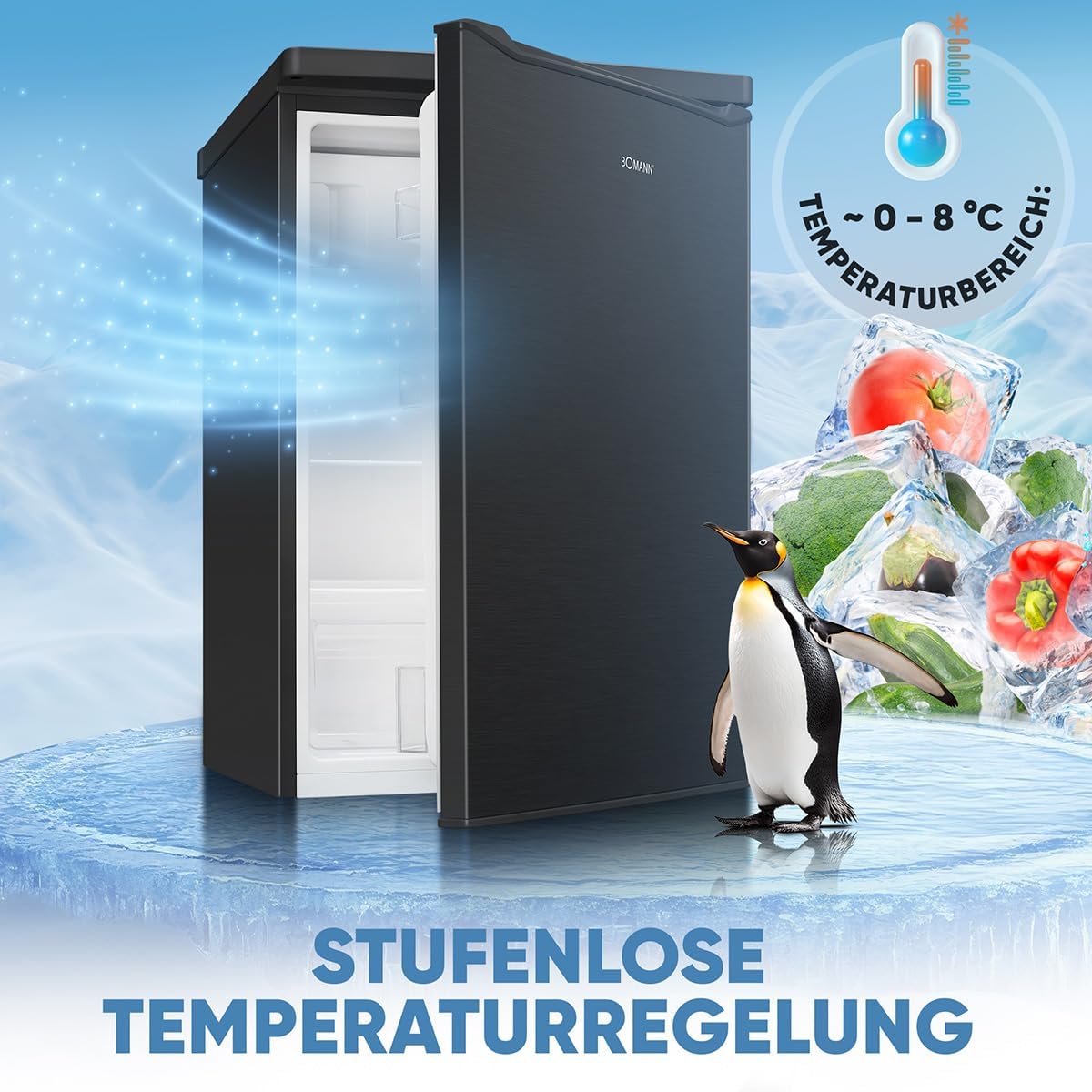 Bomann® Kühlschrank mit Gefrierfach | 109 Liter | energieeffizient, leise & kompakt | 2 Ablagen, Obst- & Gemüsefach | 4-Sterne-Gefrierfach | Türanschlag wechselbar | KS 7251 schwarz