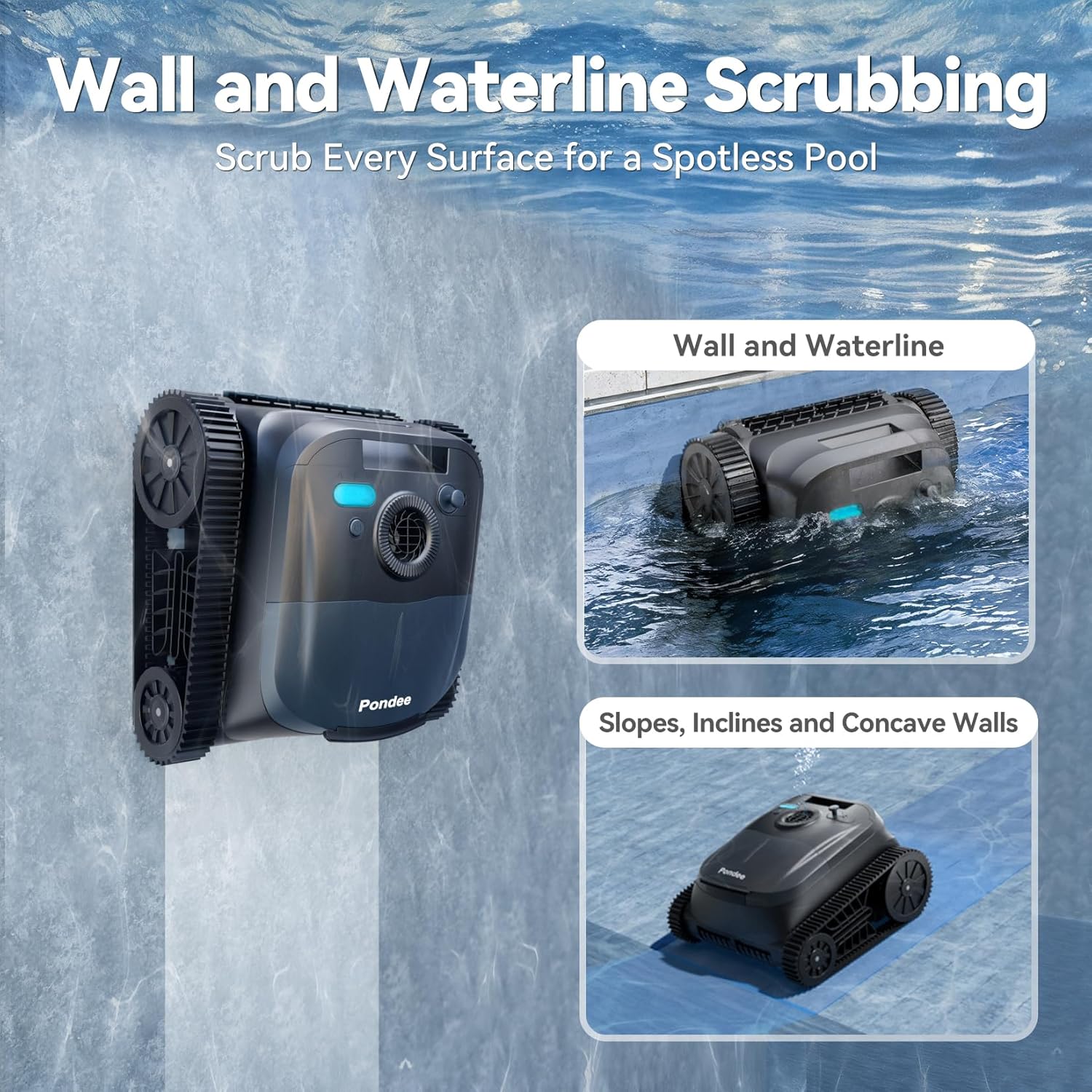 Pondee X5 Robot Piscine Fond et Parois, Ligne d'eau, Aspirateur Piscine sans Fil, Planification Intelligente, Autonomie de 180 Min, 4 Modes, Smart Precision Docking™, Idéal pour les Piscines de 300 m²