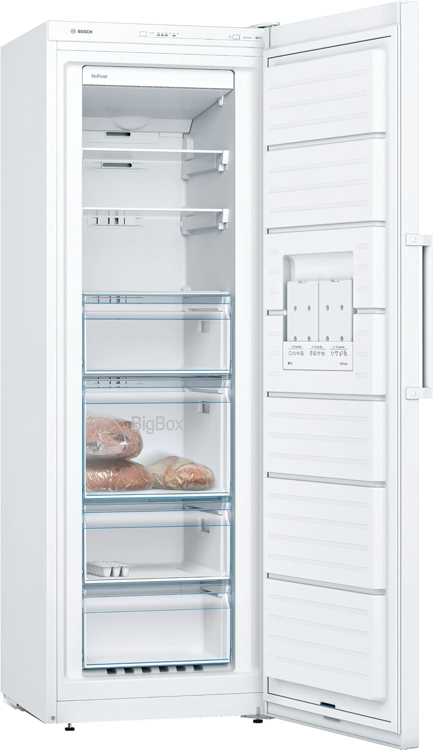 Bosch GSN33VWEP, Serie 4, Freistehender Gefrierschrank, 176 x 60 cm, 225 L Gefrieren, NoFrost, BigBox Schublade für großes Gefriergut, Flexibler Gefrierraum, Multi Airflow - gleichmäßige Kühlung, Weiß