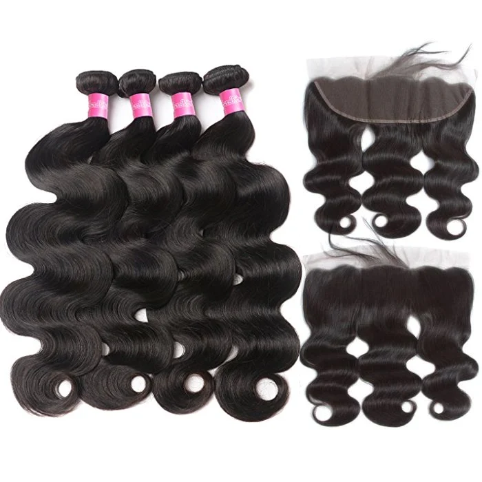 Brazilian Hair Body Wave 4 Bundles With 13X4 Lace Frontal 8A Grade Natural Color Hair Weaves