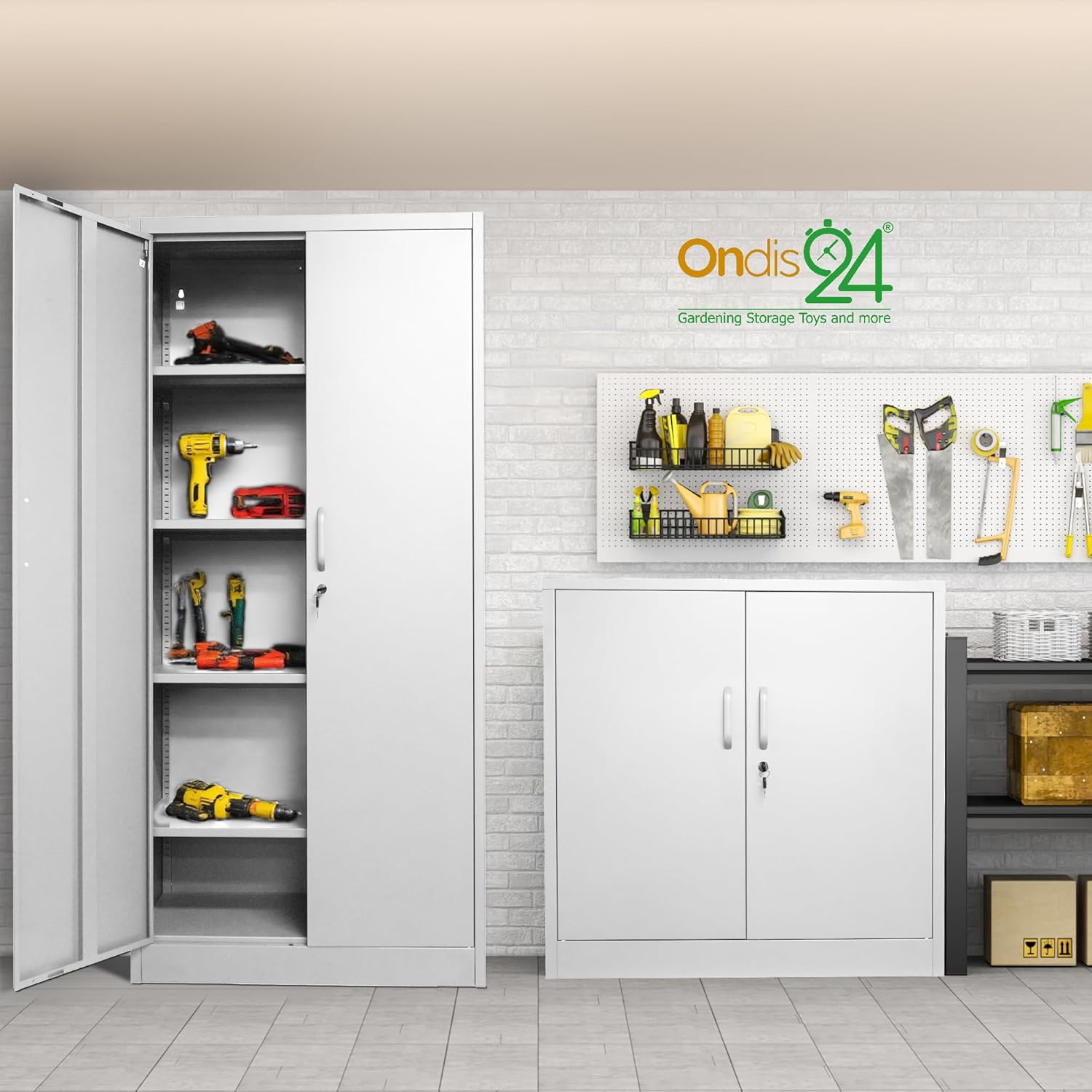 Ondis24 Aktenschrank, Mehrzweckschrank, Schloss, verstellbare Ablagen, Stabil, belastbar, Doppeltüren mit Türmagnet, Griffen Robust und sicher, werkzeugschrank, Büro, Werkstatt, Garage (Weiß 170)