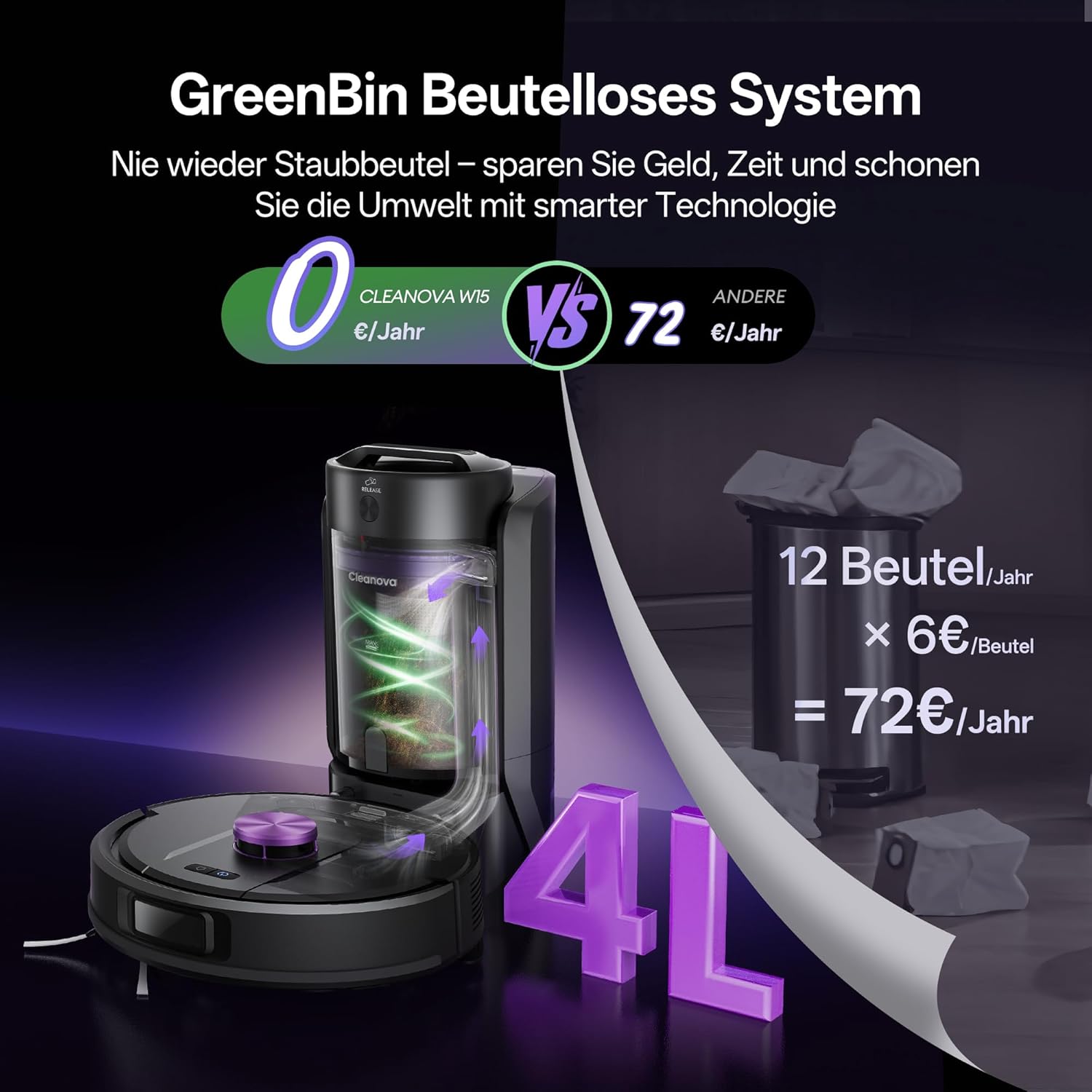 Vexilar W15 Saugroboter mit Wischfunktion, Beutelloser Multi-Zyklon-Absaugstation Staubsauger Roboter, 10000Pa, LiDAR Navigation, 3-in-1 Saug und Wischroboter, 180Min Max, App- & Sprachsteuerung