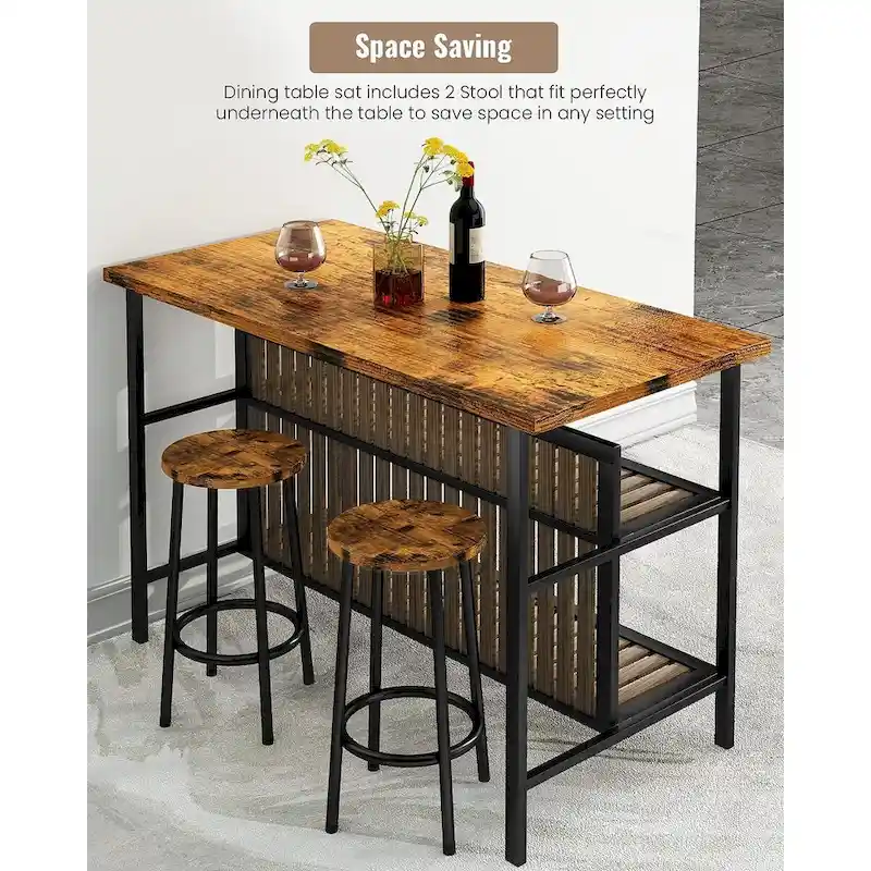 Kitchen Island with 2 Stools and Open Shelves