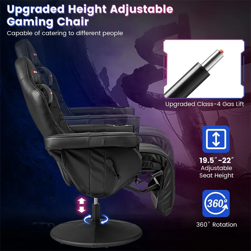 Ergonomic Gaming Recliner Chair with Massage, Retractable Footrest & Cup Holder, Height Adjustable Racing Style Swivel Video Game Chair