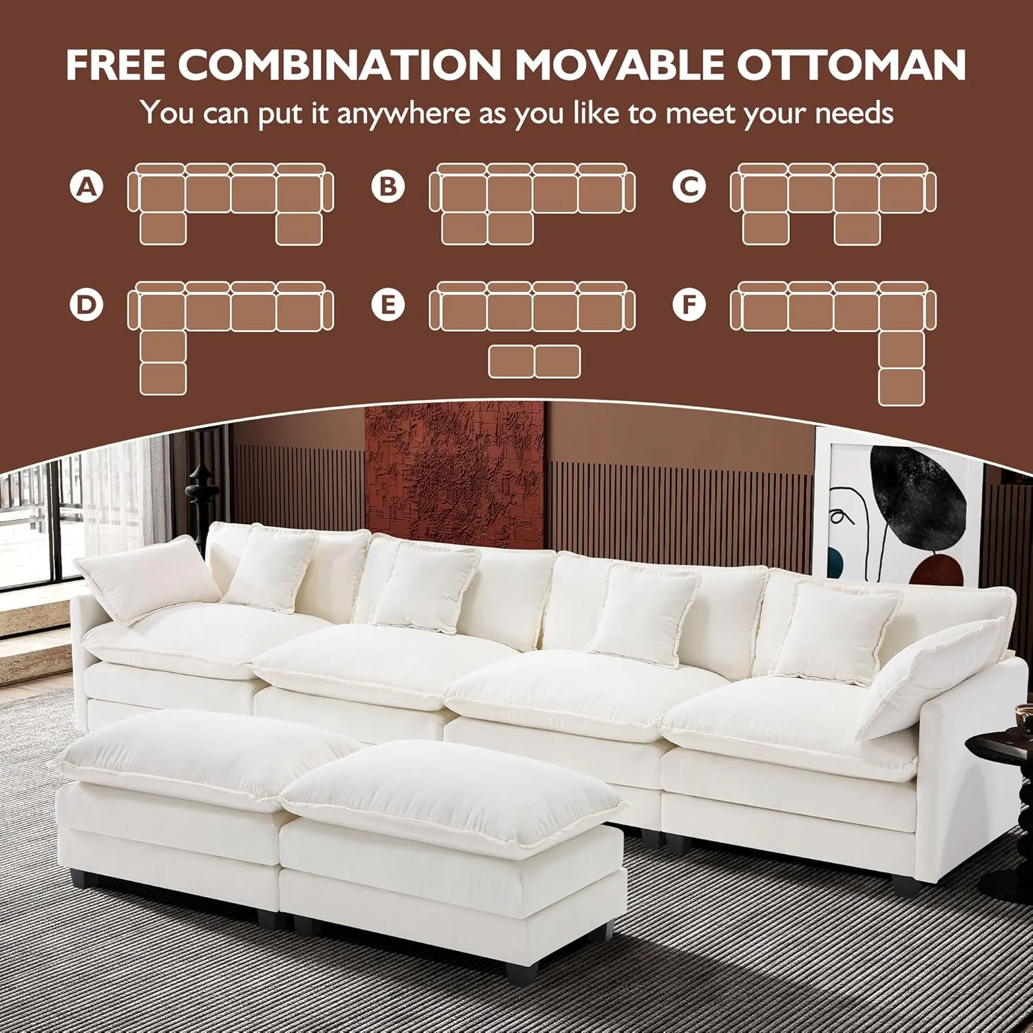 111.4 Inch L-Shaped Modern Sofa Modular Cloud Sofa Ottoman 4-Seater Chenille Deep Seat Sofa