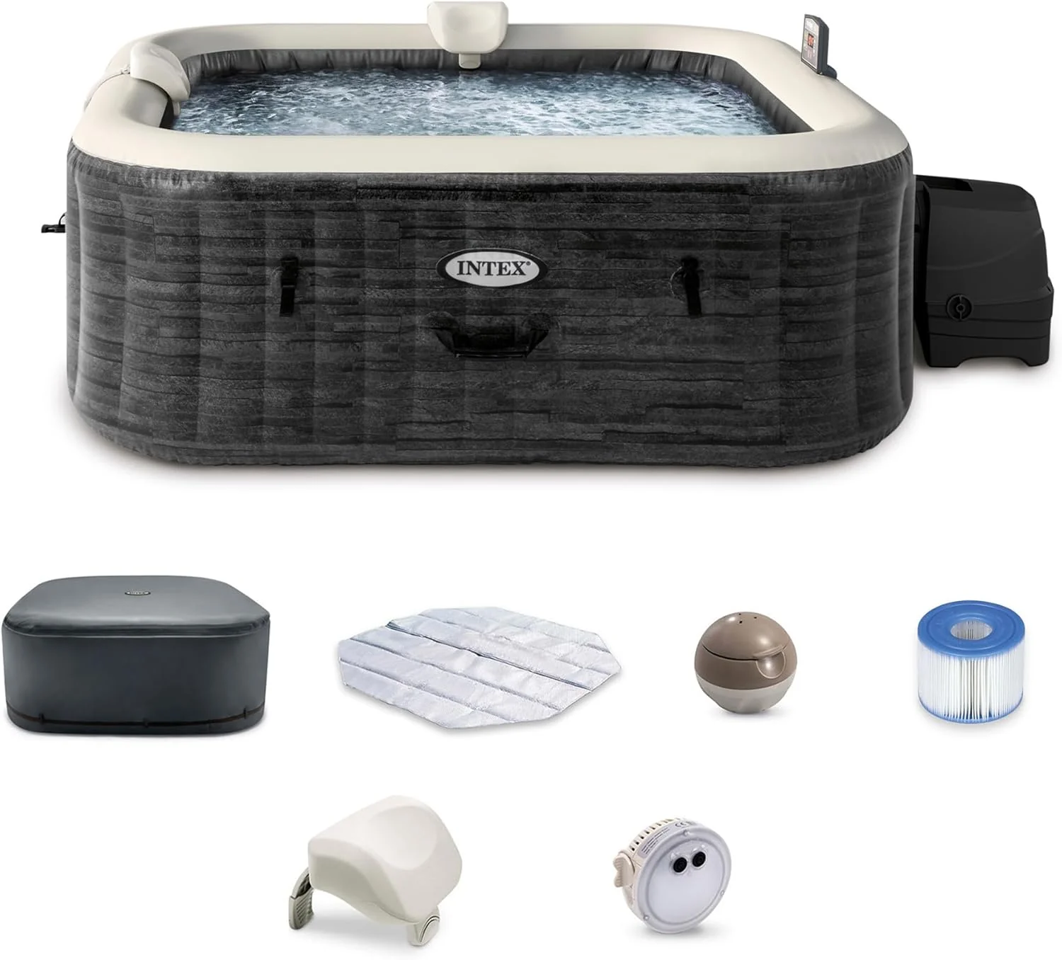 INTEX PureSpa Greystone Deluxe 4 Person Square Inflatable Hot Tub, Bubble Massage Spa