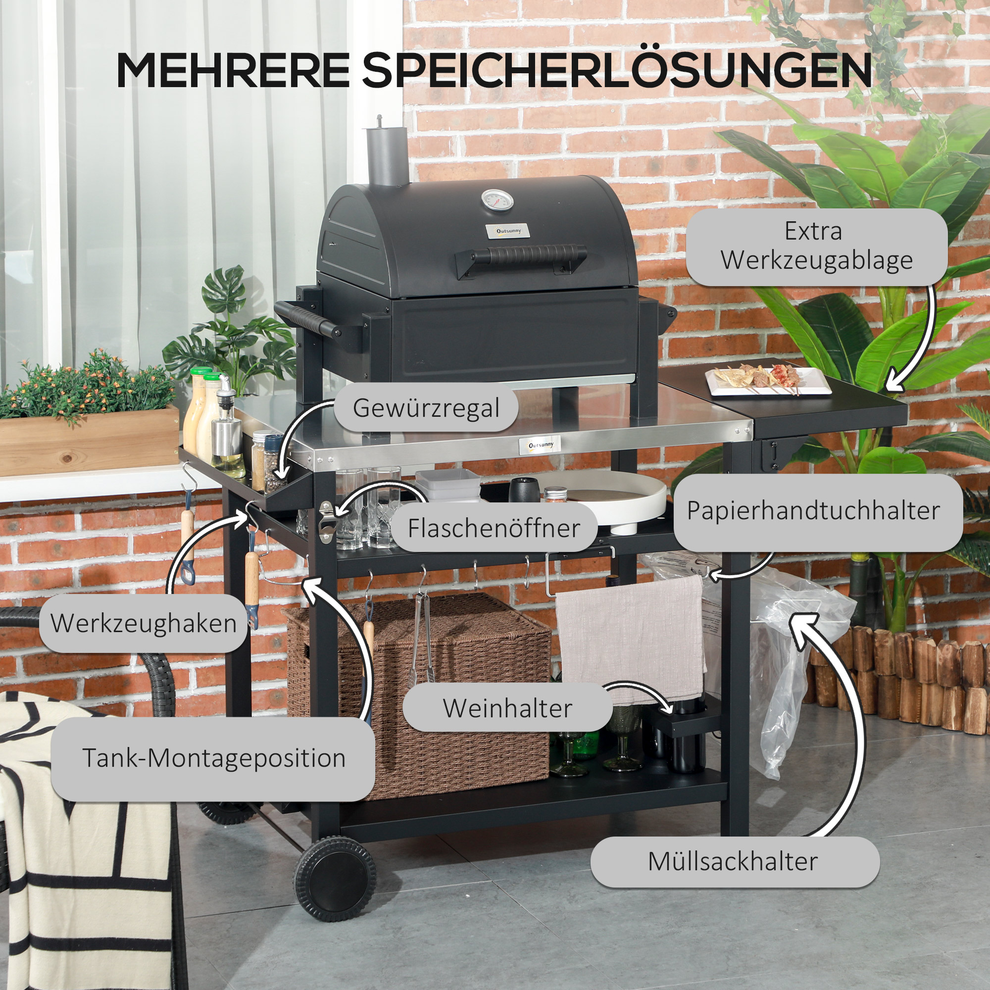 Outsunny Barbecuestation BBQ-wagen, incl. accessoires, 125 x 65 x 84 cm, Zwart + Zilver