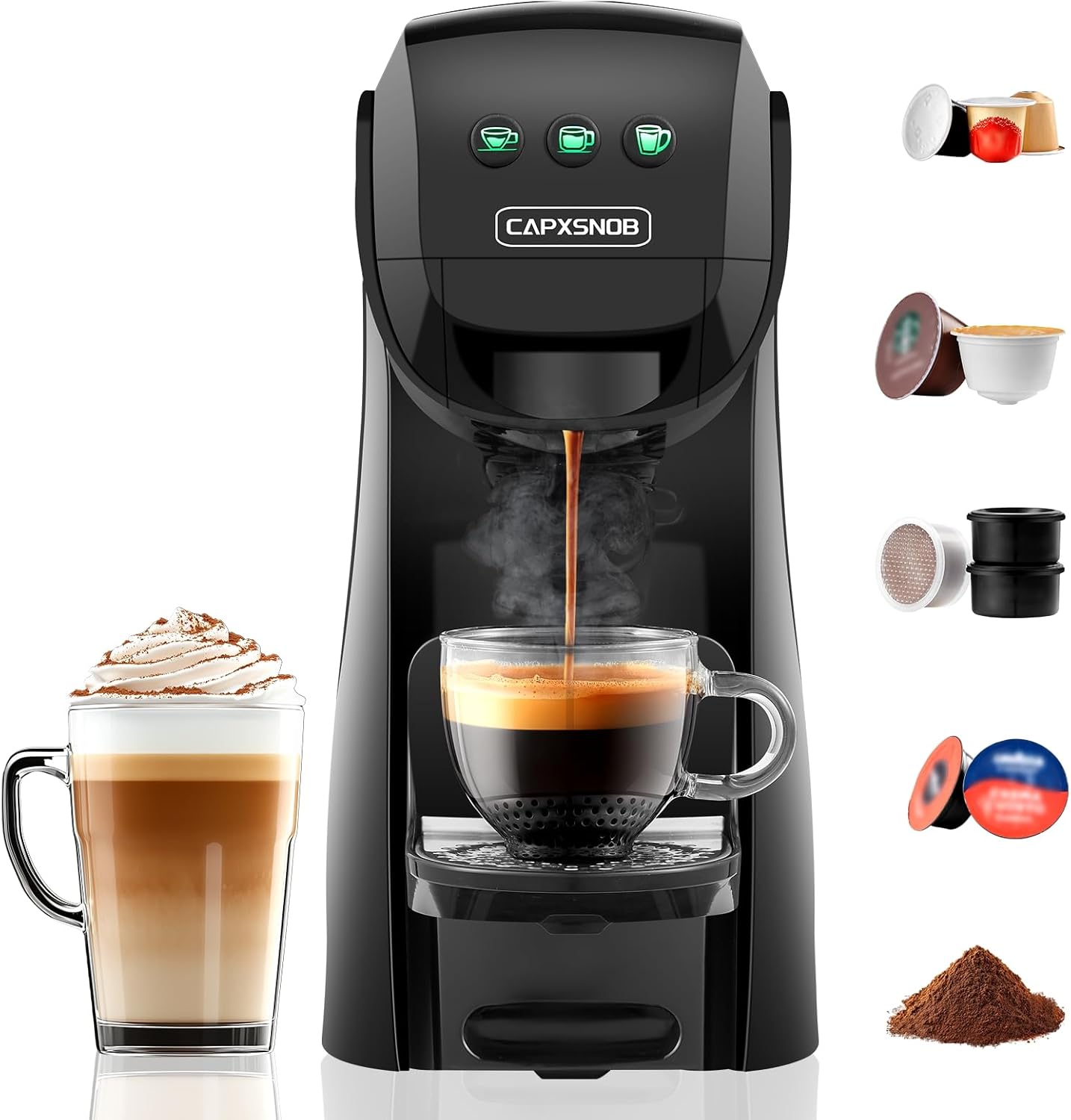 Warriors1 Macchina da Caffè a Capsule 5 in 1 per Nespresso, Lavazza A Modo Mio, Espresso Point, Dolce Gusto e Caffè Macinato, 20 bars, 0,8 L, Calore e Quantità Regolabili, Compatta per Casa e Ufficio