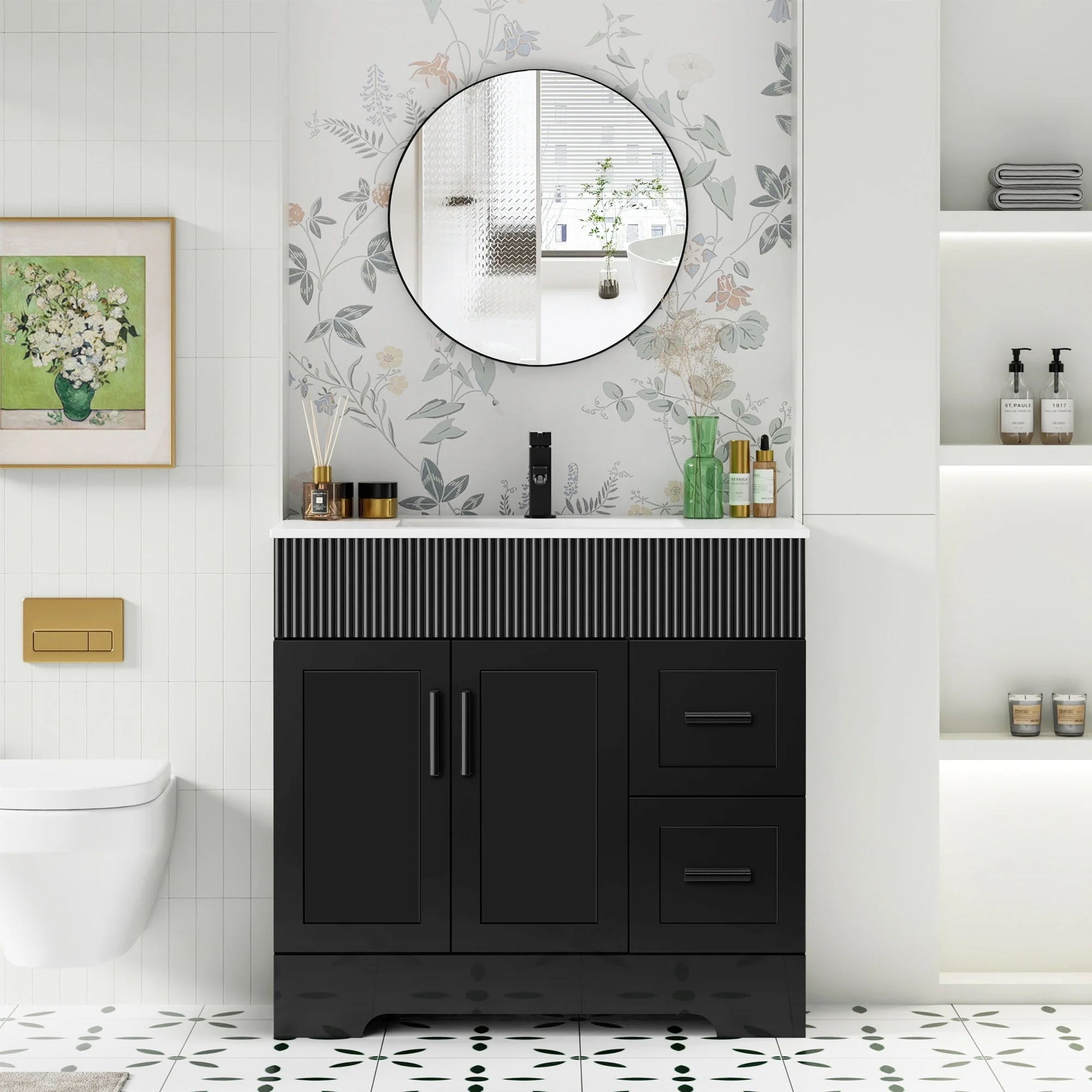 Wavy Line 30/36/48 Bathroom Vanity Set with Sink & Faucet