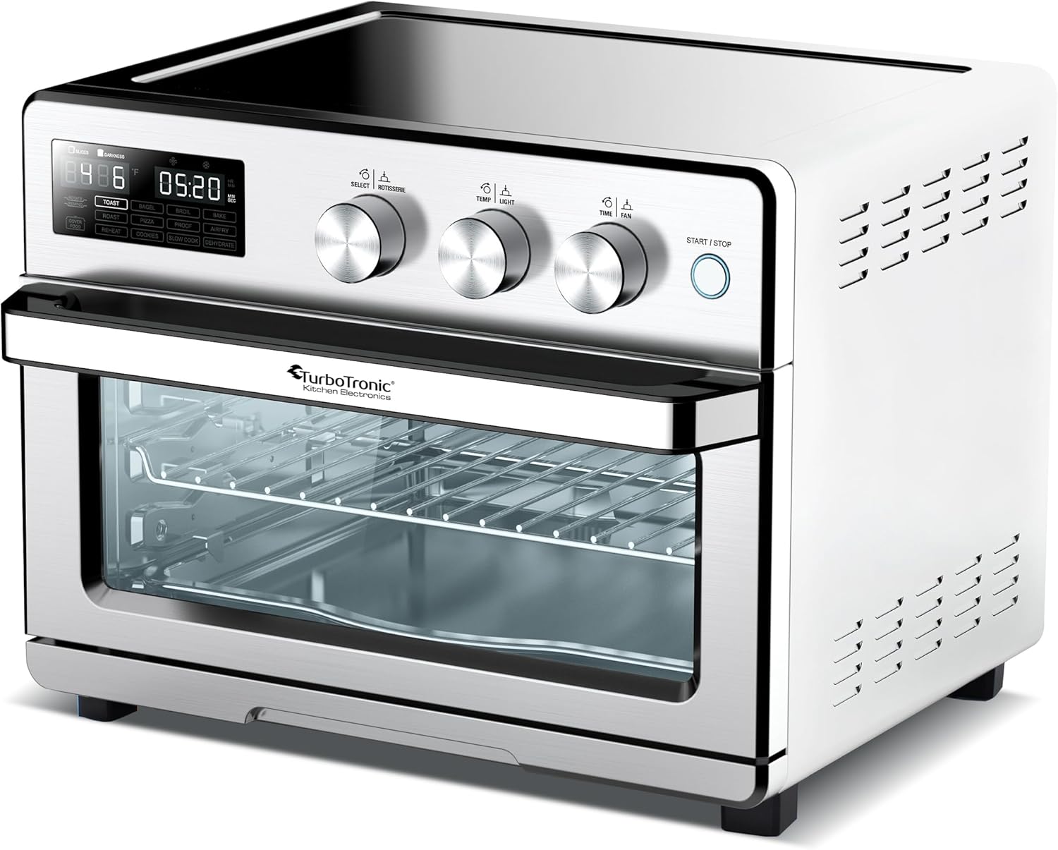 TurboTronic digitaler Heißluftofen - XXL 32 Liter mit Drehspieß für Hähnchen 5 in1 Mini Backofen, Dörrer & Power Heißluftfritteuse Airfryer ab 25°C