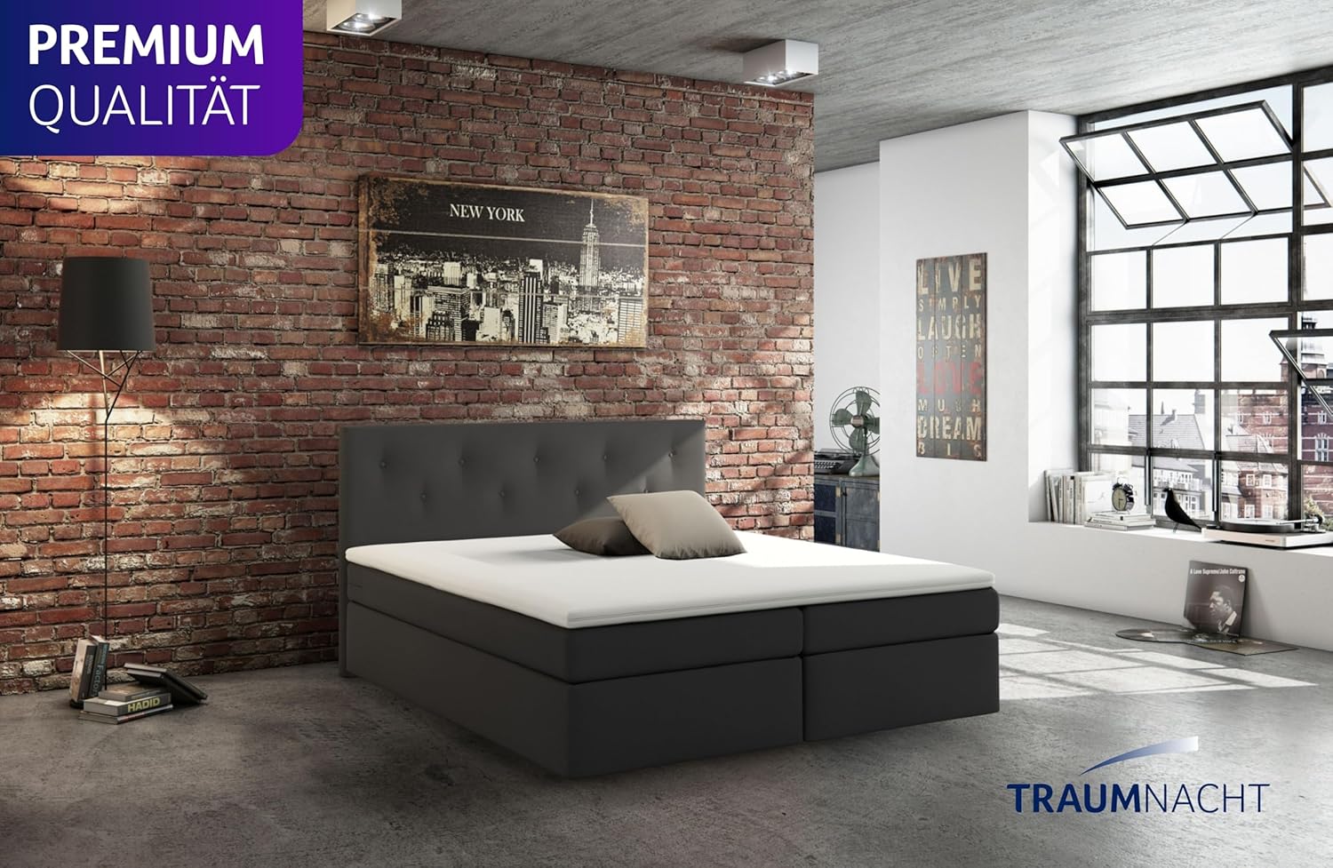 Traumnacht Boxspringbett, mit 7-Zonen Tonnentaschenfederkernmatratzen (H3) und Komfortschaumtopper, leichter Aufbau, produziert nach deutschem Qualitätsstandard, 140 x 200 cm in grau