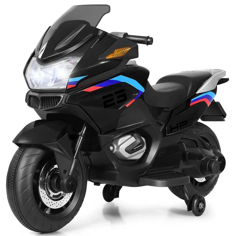 12V-os gyerek motor, akkumulátoros elektromos gyermek motorbicikli játékszer, pótkerekekkel és LED-világítással