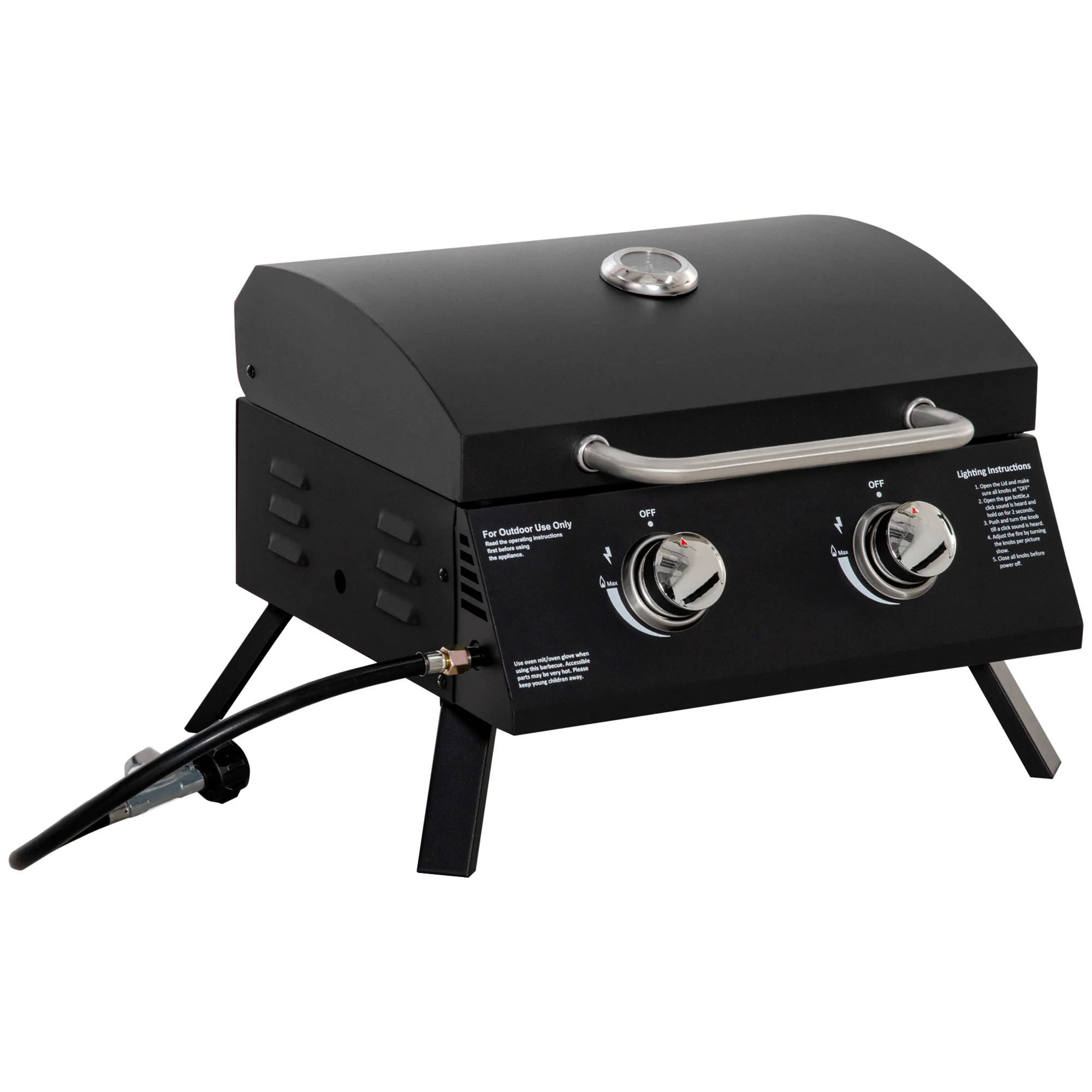Easycomfort Barbecue a Gas Pieghevole con Coperchio, Termometro e 2 Bruciatori in Acciaio, 55x46.5x41 cm, Nero