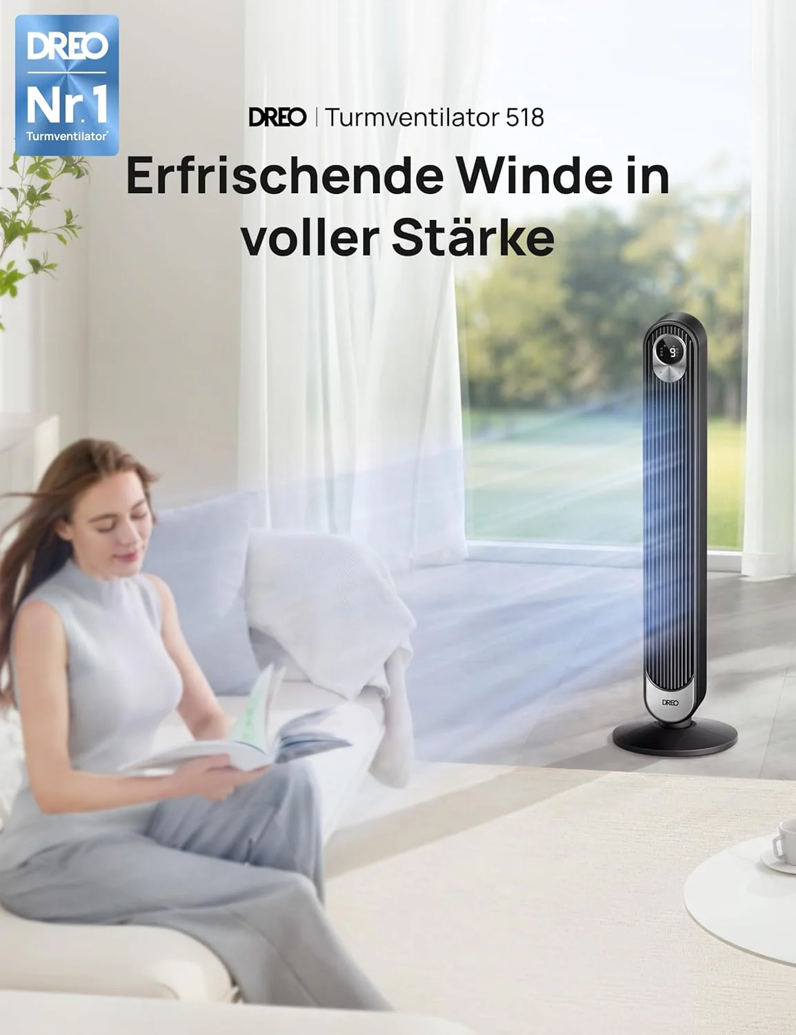 DREO DC Motor Toronyventilátor Csendes, 11M Szél távolságú ventilátor hűtő távirányítóval, 9 sebességfokozat 4 üzemmód, 90° oszcilláló álló ventilátor hálószobába, Toronyventilátor 12H időzítővel