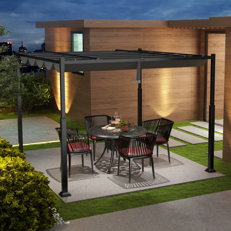 10 x 10 lábas kültéri pergola, visszahúzható tetővel és fém oszlopokkal