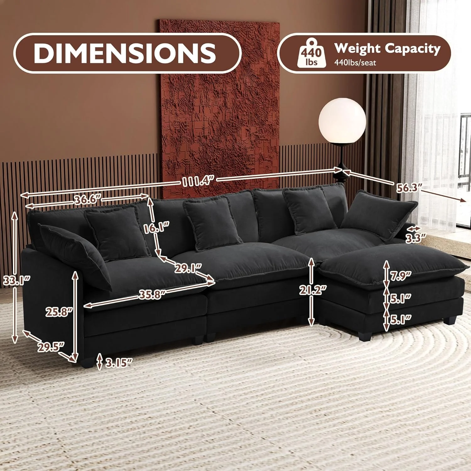 111.4 Inch L-Shaped Modern Sofa Modular Cloud Sofa Ottoman 4-Seater Chenille Deep Seat Sofa