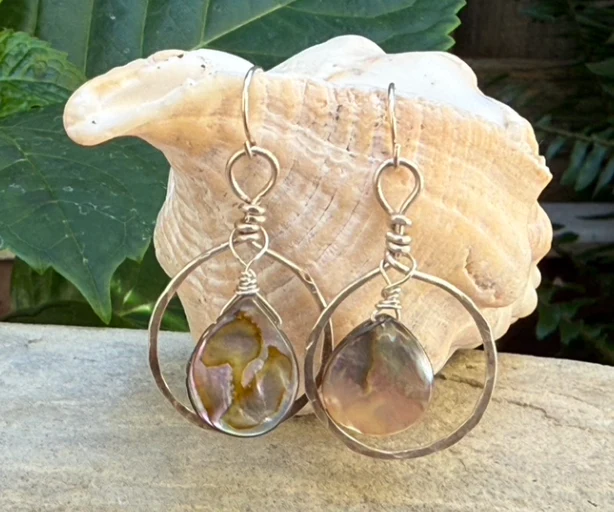Beach Girl Abalone Hoop Earrings - Silver